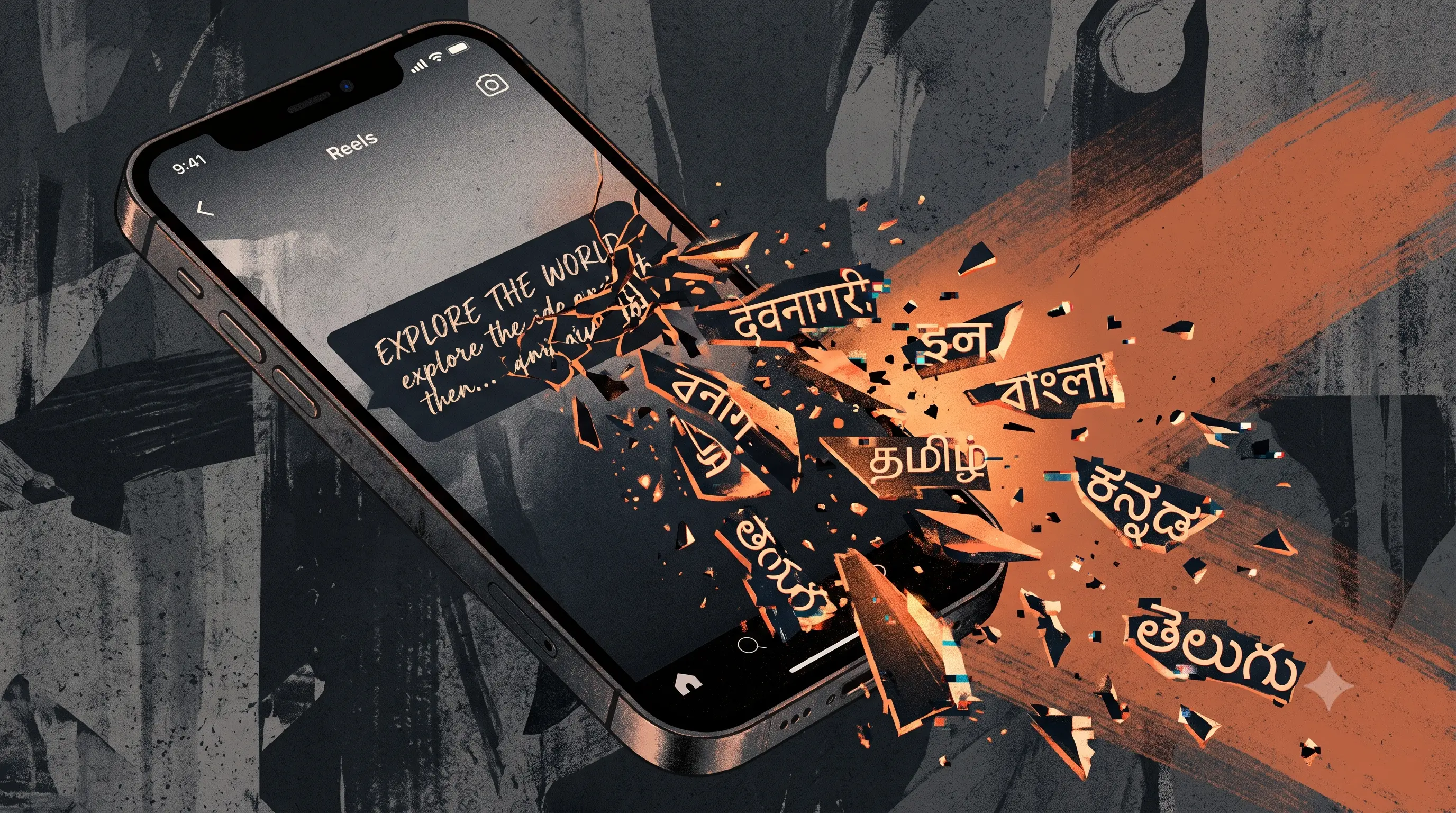 Split-screen editorial illustration of a phone posting Reels in multiple Indian scripts alongside a caption timeline breaking apart