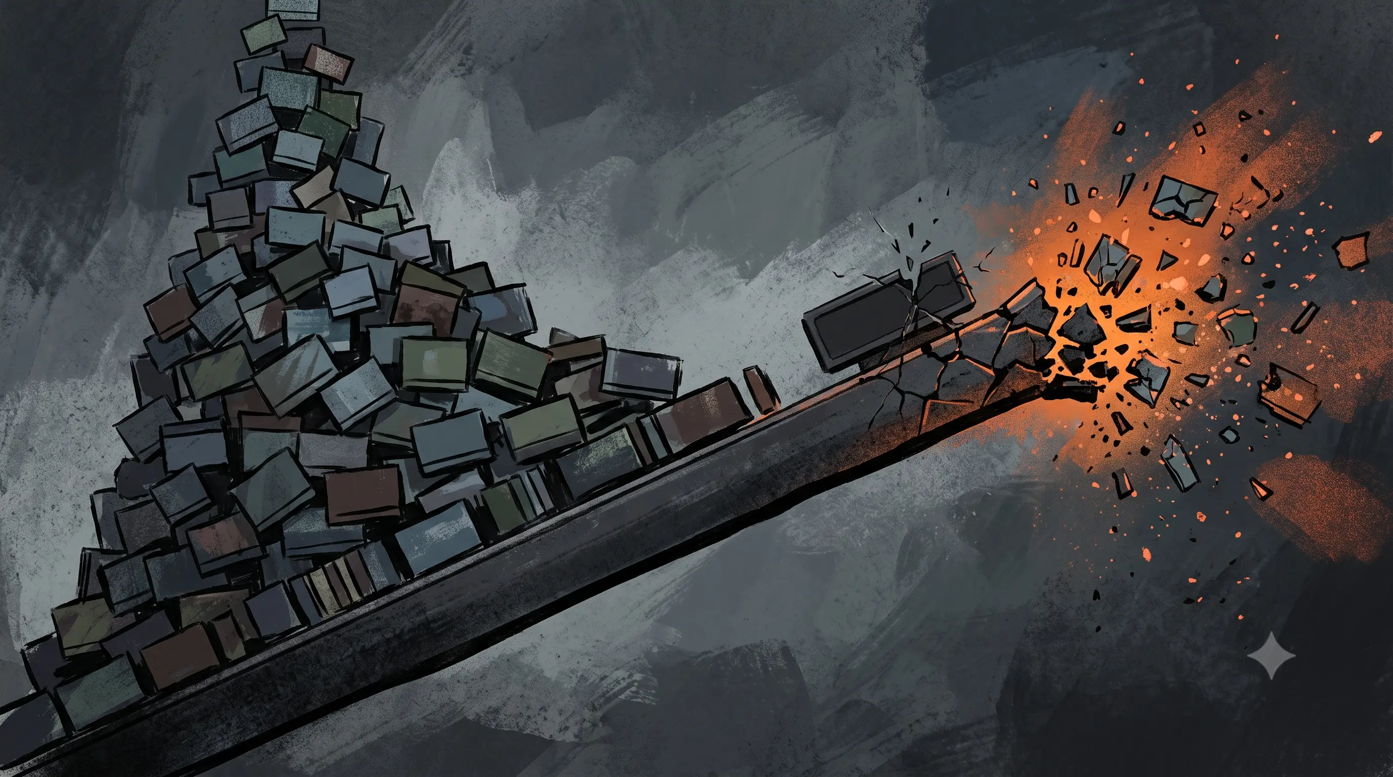 Editorial illustration of a phone timeline with video clips stacking up against a small caption counter running out