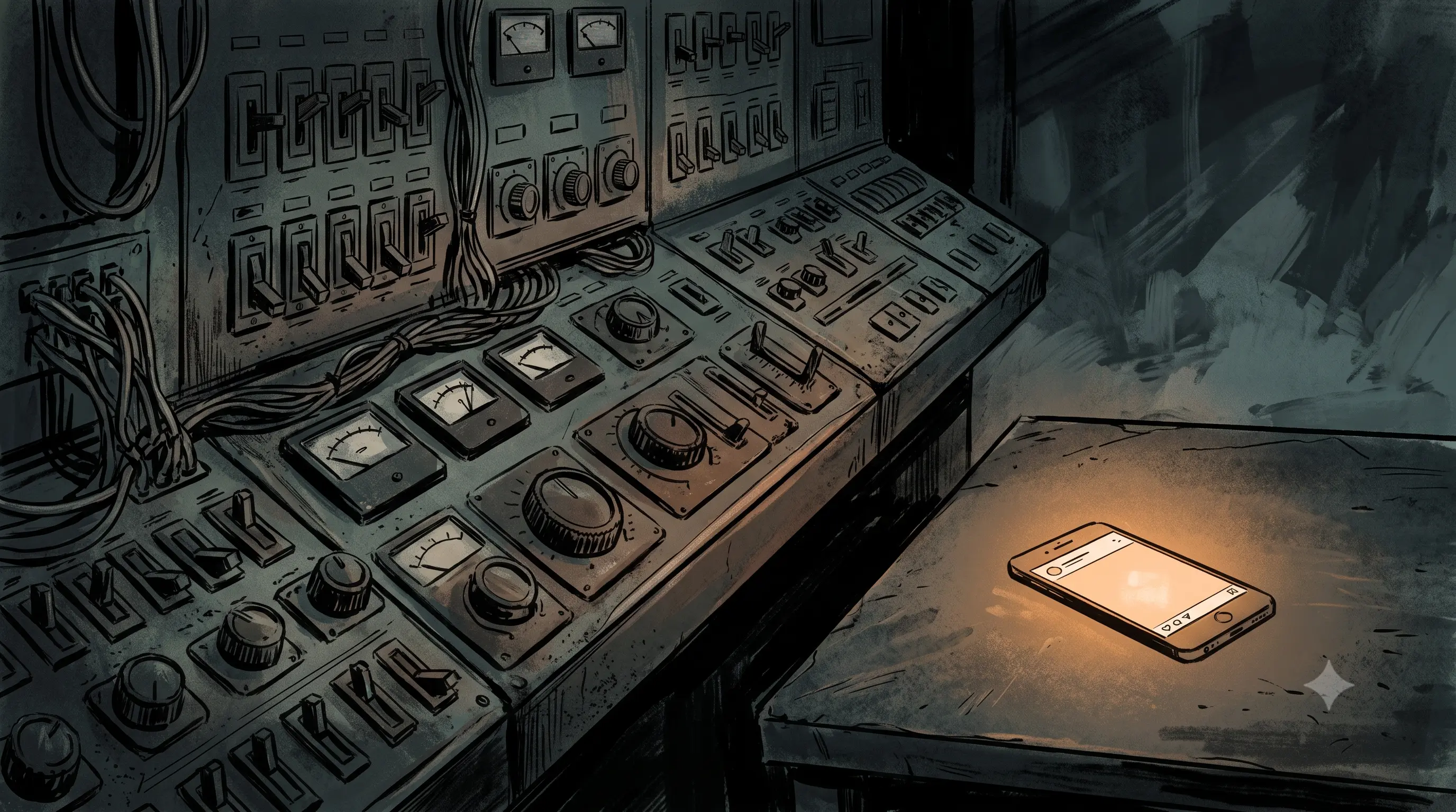 Editorial illustration of a large multi-tool control panel with most switches unused next to a single small phone screen posting a reel