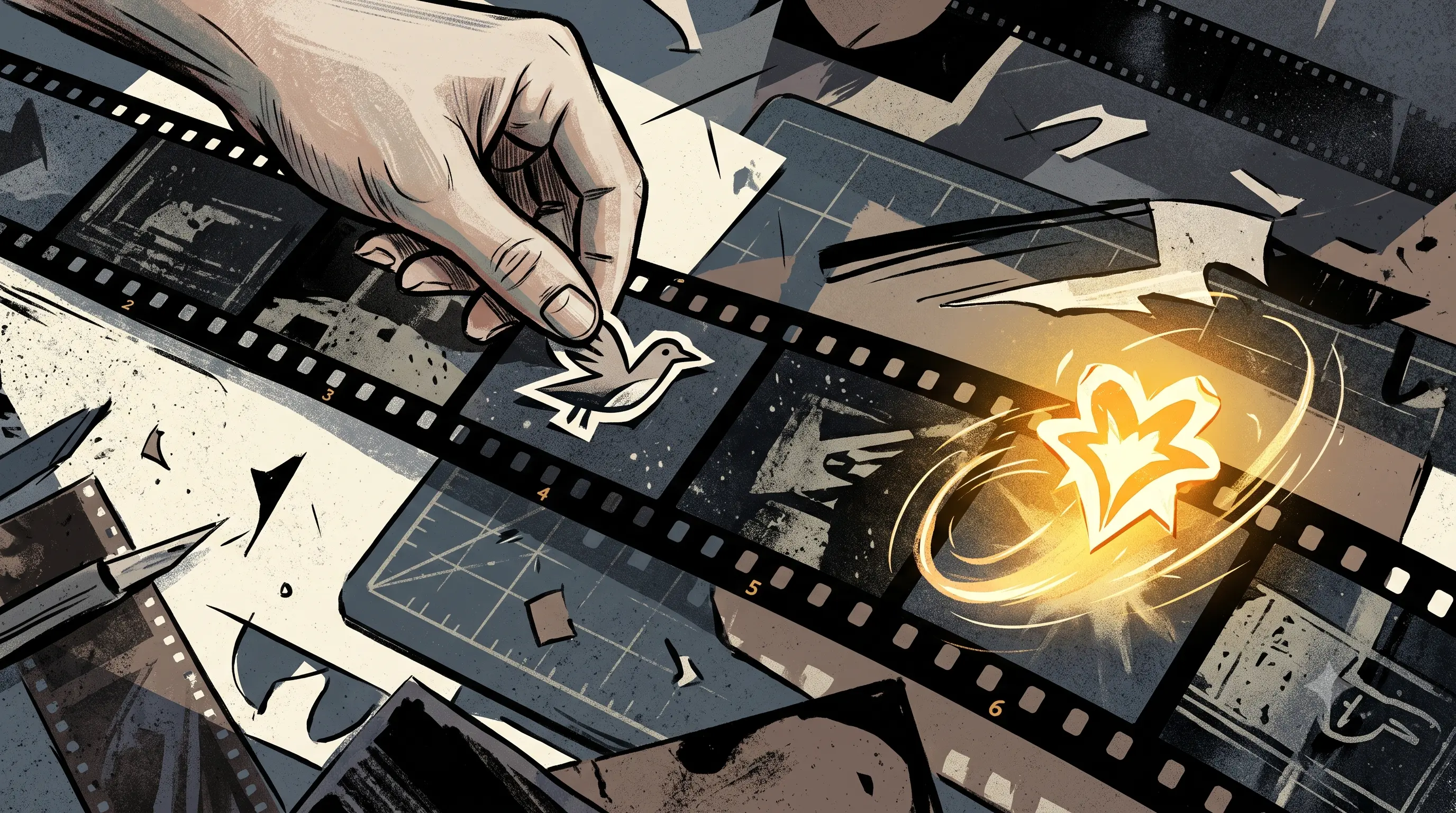 Editorial illustration of a hand manually placing a paper sticker on a filmstrip while a second sticker floats and attaches itself automatically