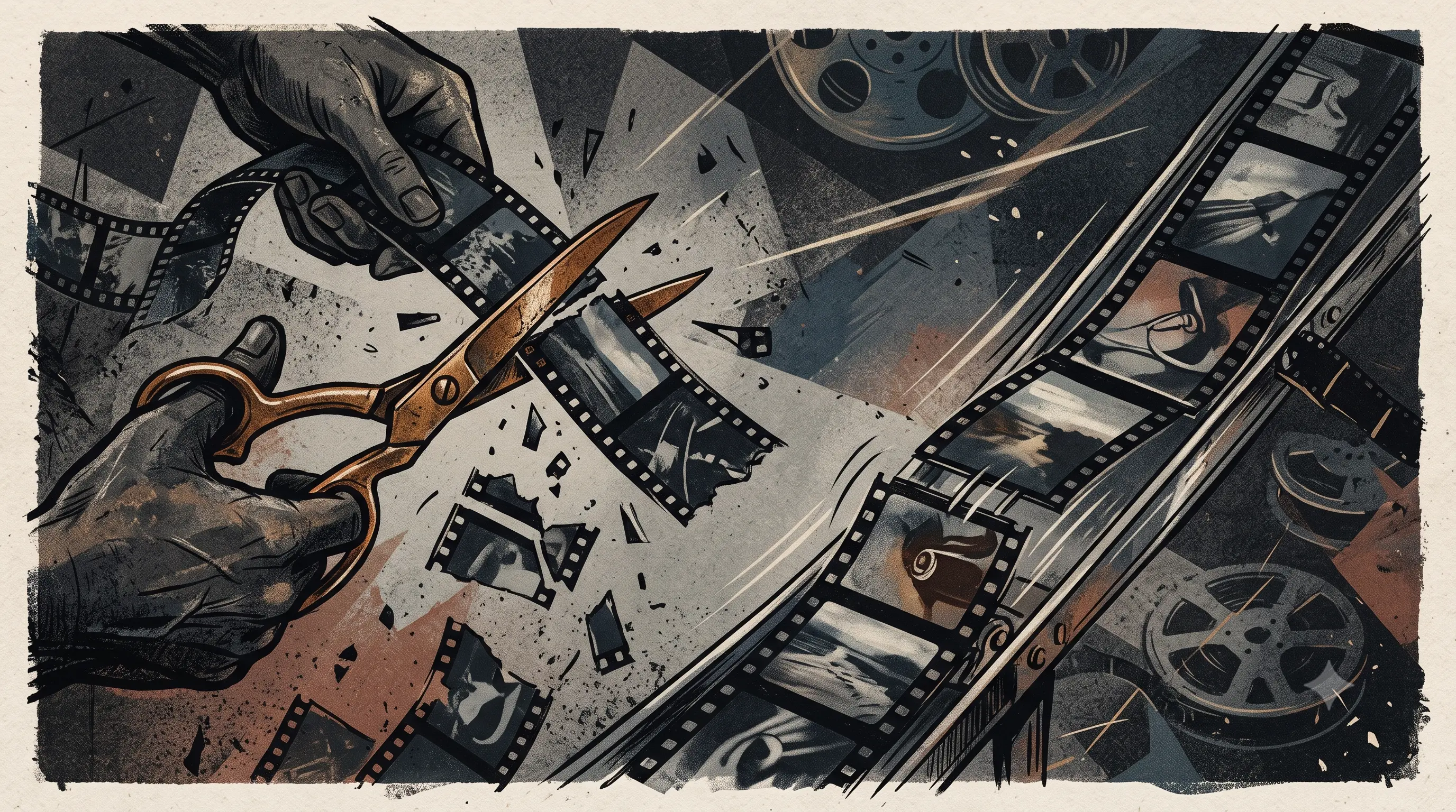 Editorial illustration of scissors manually splicing a filmstrip at multiple points while a second filmstrip assembles itself automatically alongside