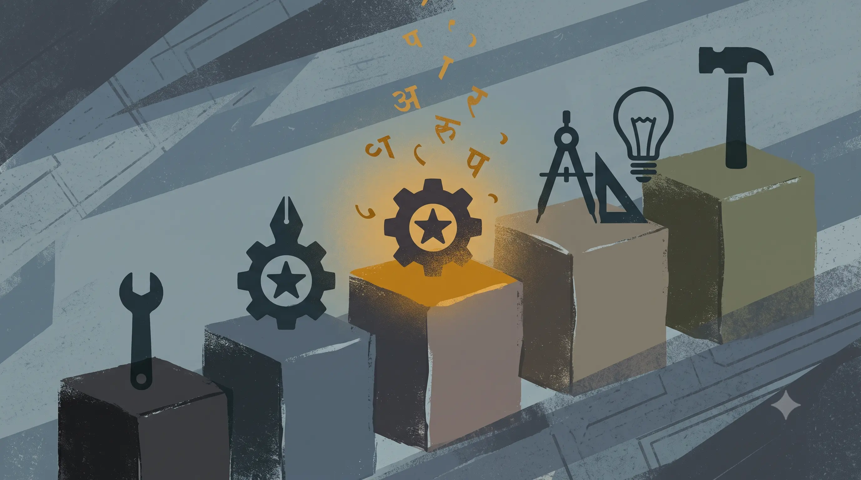 Editorial illustration of five distinct tool icons on a ranked podium of different heights, one podium spot glowing with Indic script fragments