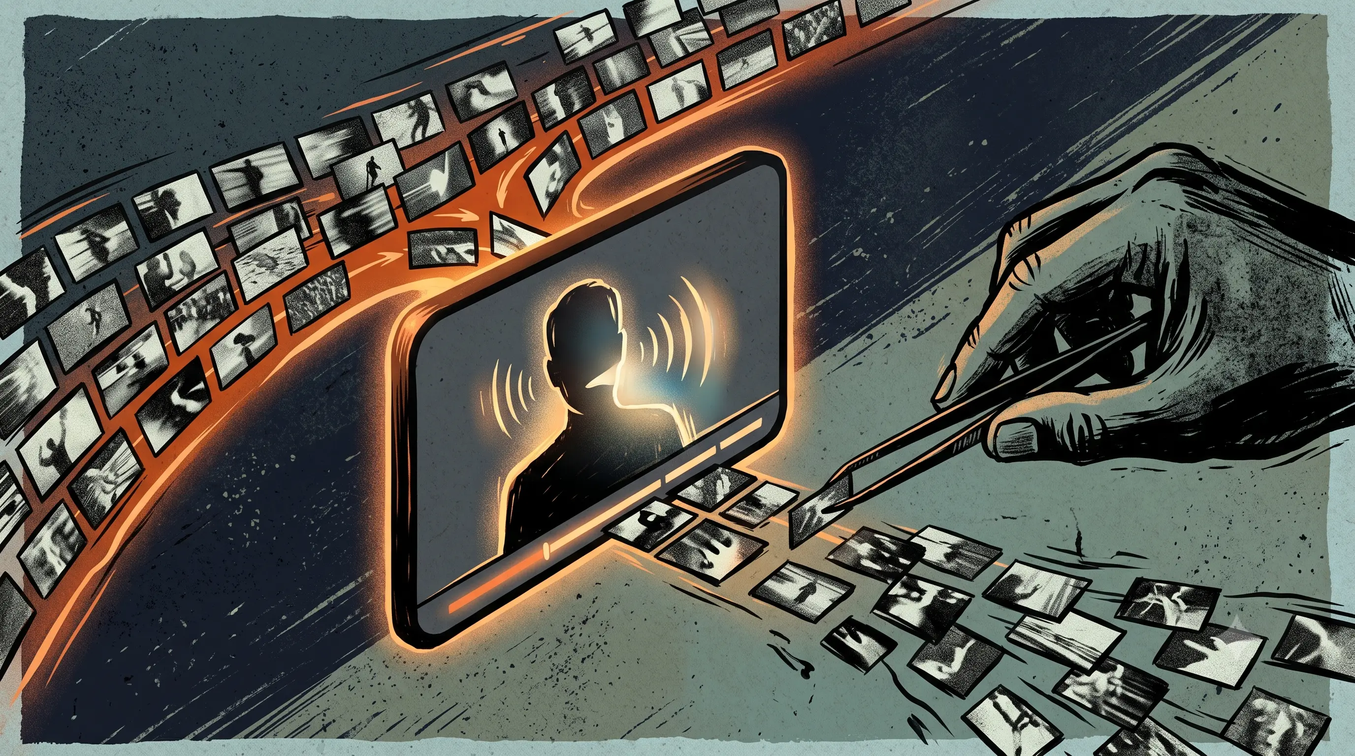 Editorial illustration of a talking-head video frame with two streams of footage flowing toward it, one assembling automatically and one being placed by hand