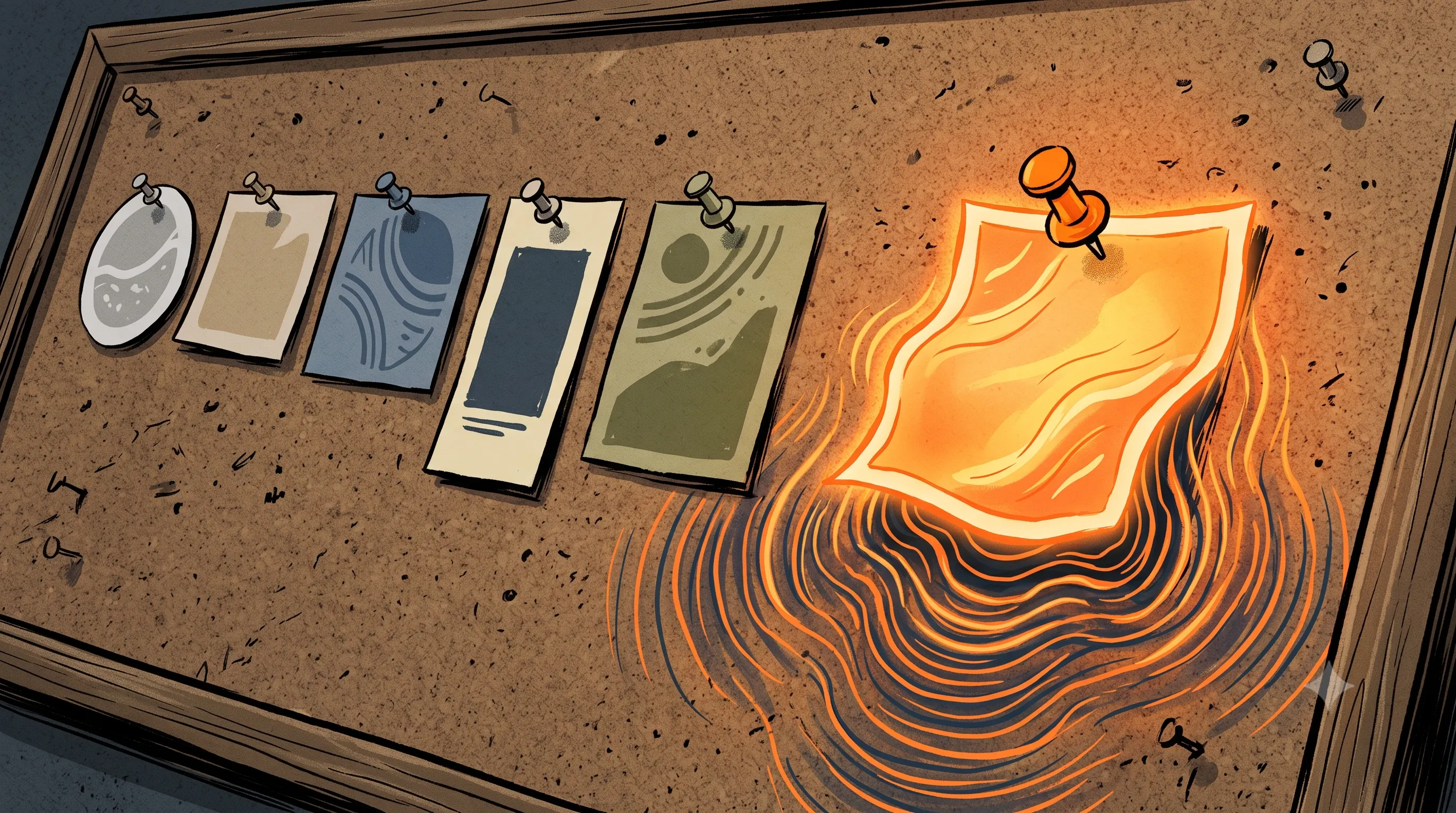 Editorial illustration of a row of static paper stickers pinned to a board next to a single sticker glowing and animating in sync with sound waves