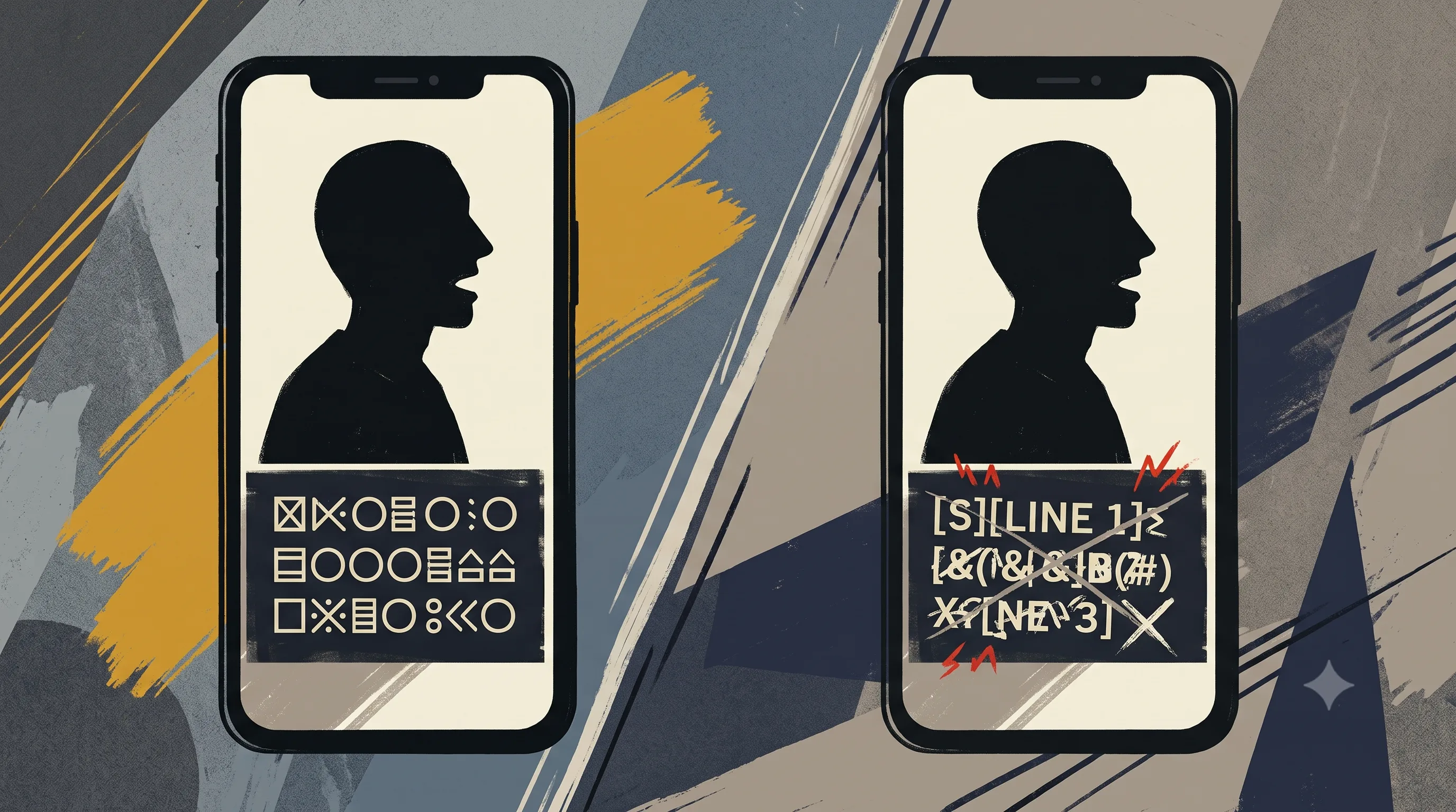 Editorial illustration of a video frame with subtitle text splitting into accurate and garbled fragments as it crosses from clear speech into accented and mixed-language speech