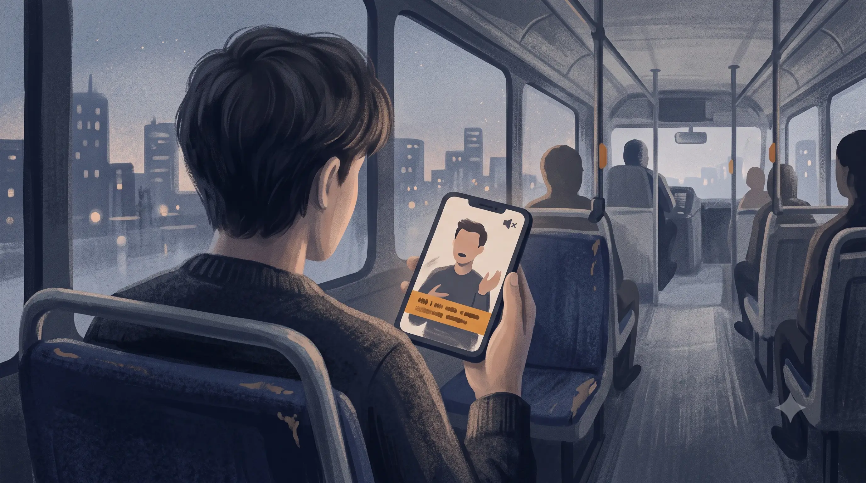 Flat-vector editorial illustration of a phone showing a blocky talking-head figure with a bold subtitle bar, a muted-speaker icon crossed out in the corner, and a glowing ring framing the subtitle bar