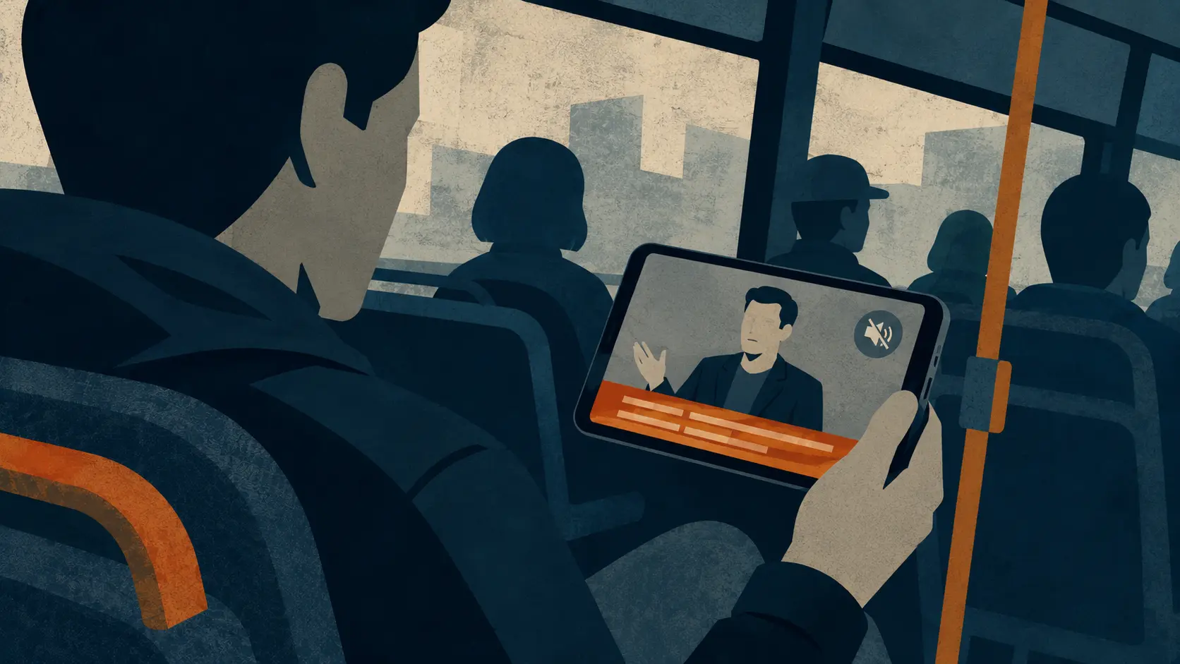 Flat-vector editorial illustration of a seated silhouette on a bus holding a phone showing a blocky talking-head figure with a subtitle bar and a muted-speaker icon, flat passenger silhouettes in the background