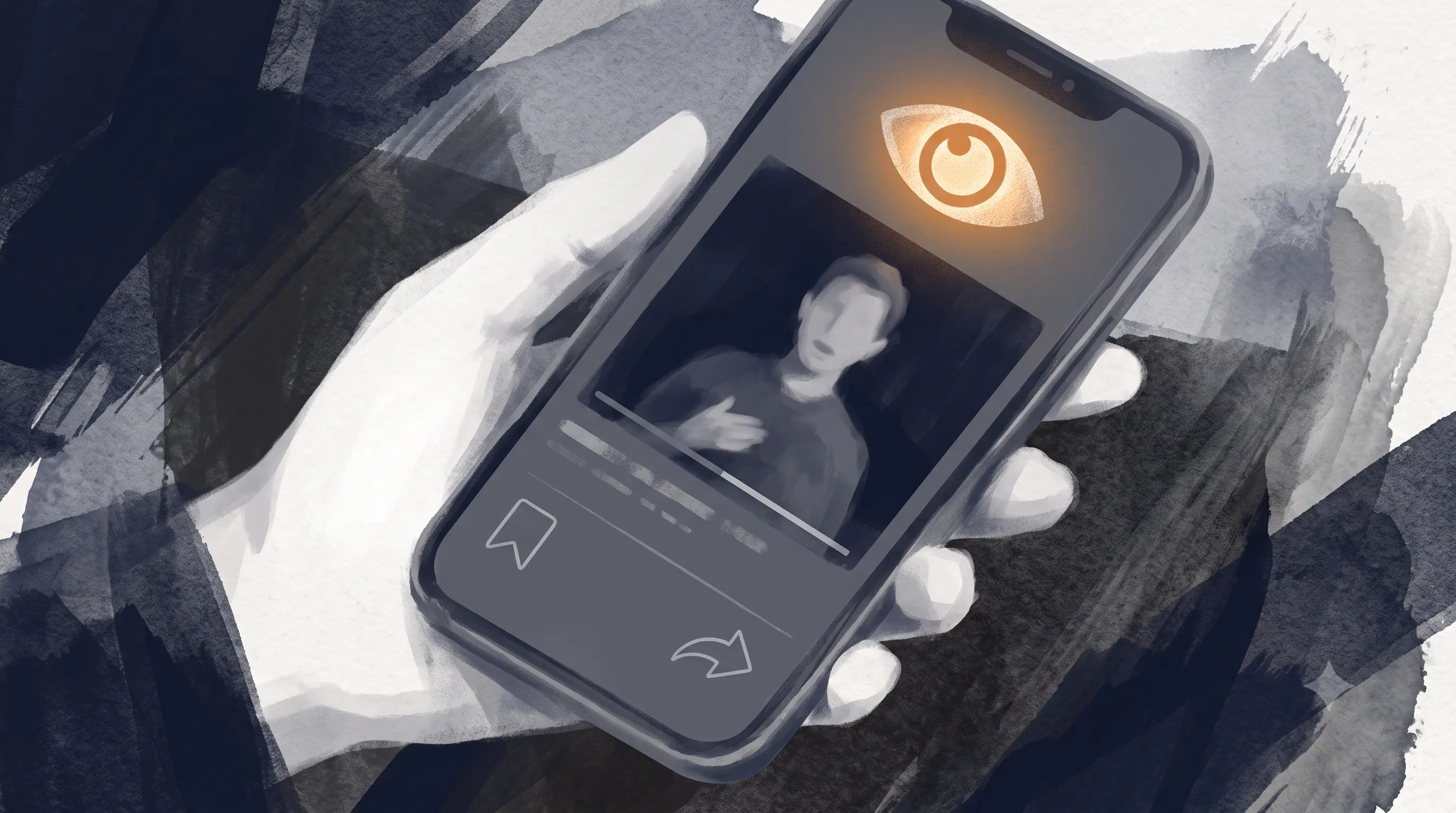 Flat-vector editorial illustration of a phone showing a blocky talking-head figure, a large glowing eye icon representing views at the top, and small empty bookmark and arrow icons at the bottom