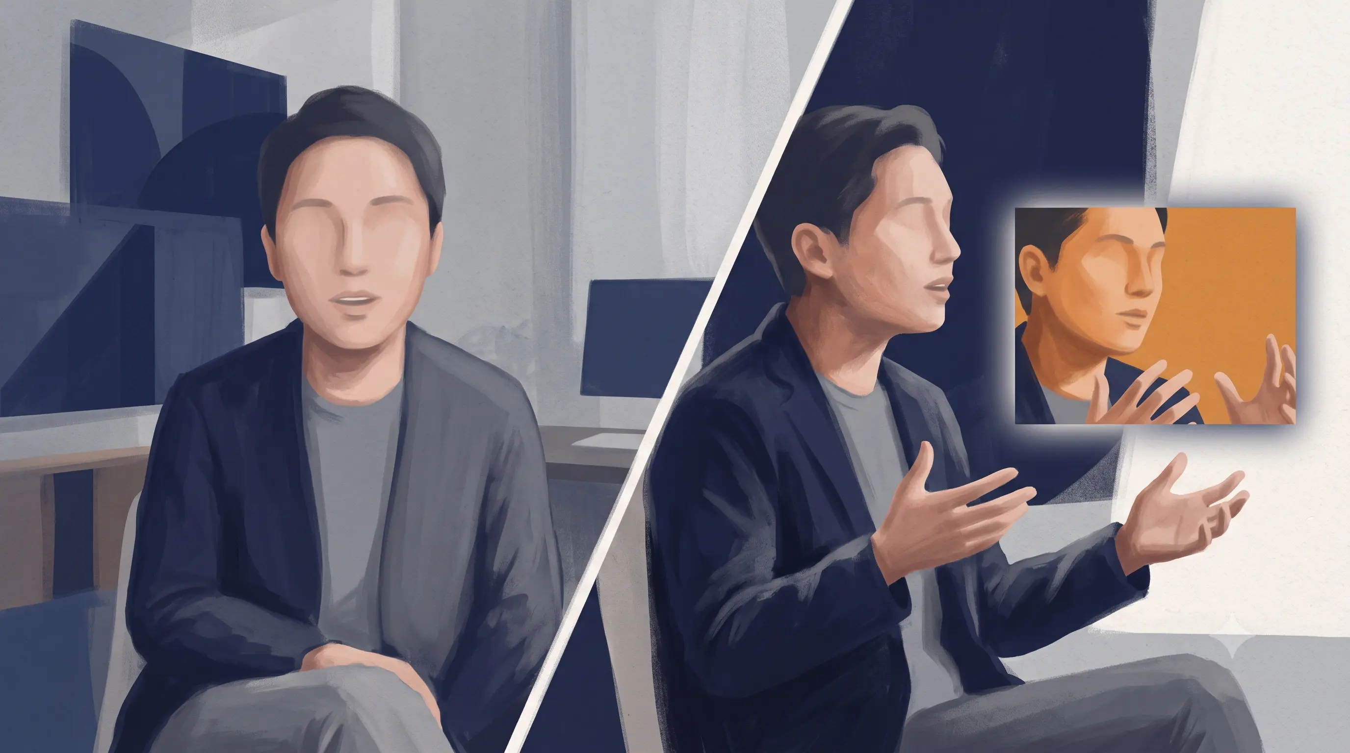 Flat-vector editorial illustration split frame, one static flat panel of a figure talking to camera beside the same figure with a layered picture-in-picture panel showing a second angle