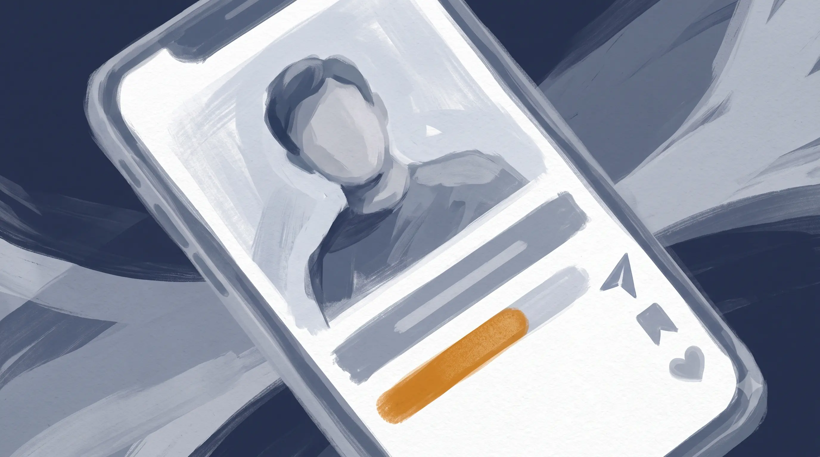 Flat-vector editorial illustration of a phone showing a blocky talking-head figure with a subtitle bar, a filling progress bar beneath it, and send, save, and like icons stacked by decreasing size