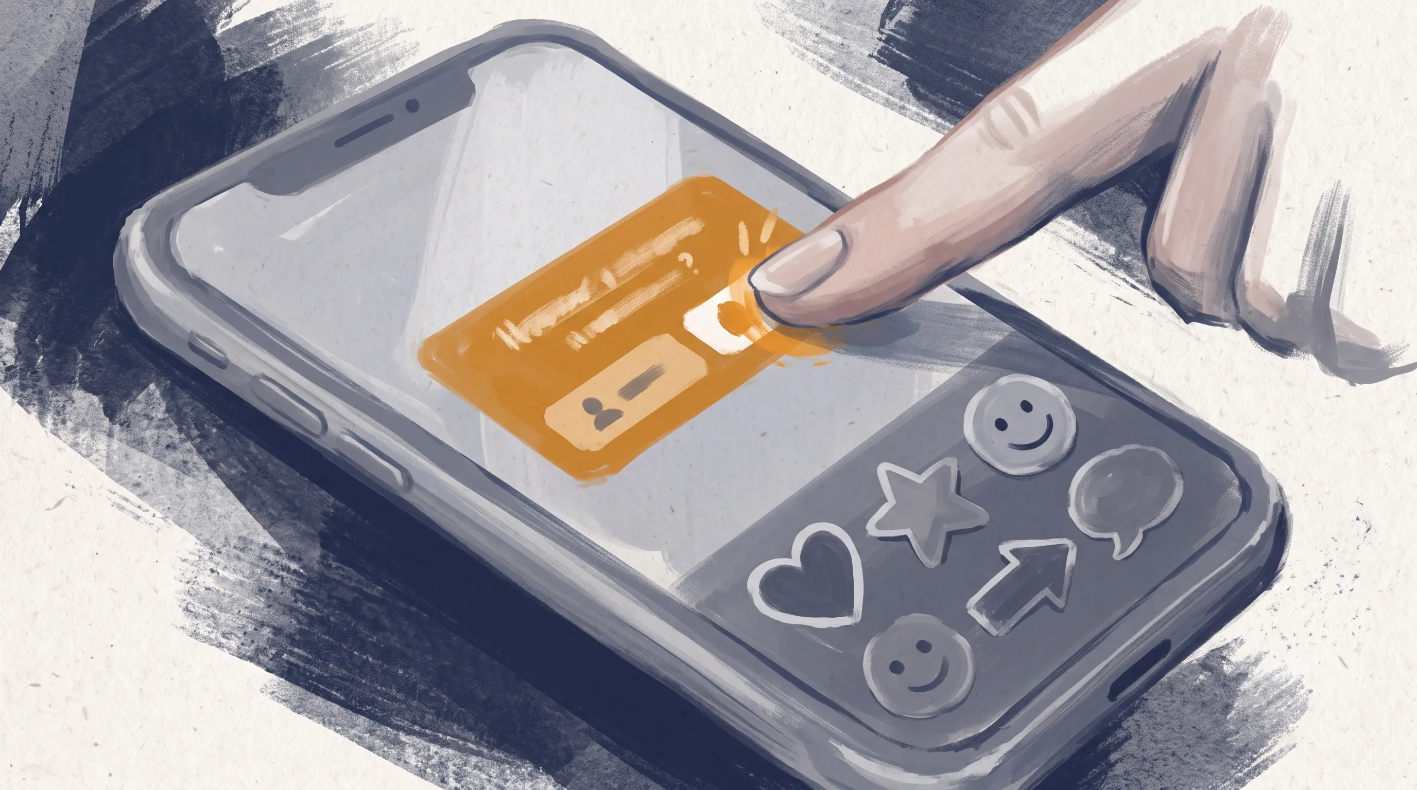 Flat-vector editorial illustration of a phone showing a poll-sticker shape touched by a fingertip beside a cluster of untouched, dimmed decorative sticker shapes