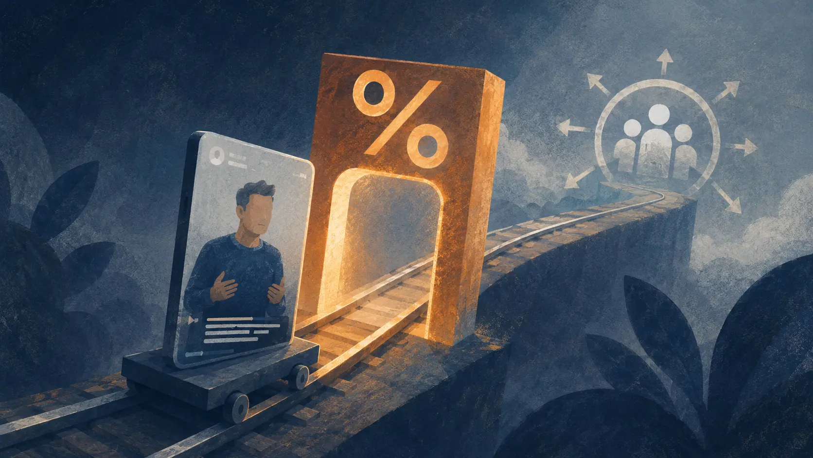 Flat-vector editorial illustration of a vertical Shorts video with a blocky talking-head figure and subtitle bar moving along a track through a glowing percentage-shaped checkpoint gate