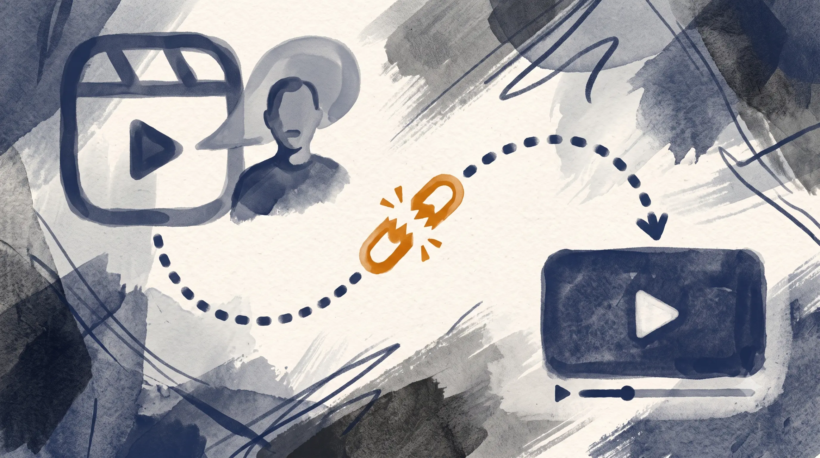 Flat-vector editorial illustration of an Instagram Reel icon with a blocky talking-head figure connected by a dotted path to a YouTube icon, a broken chain-link interrupting the path