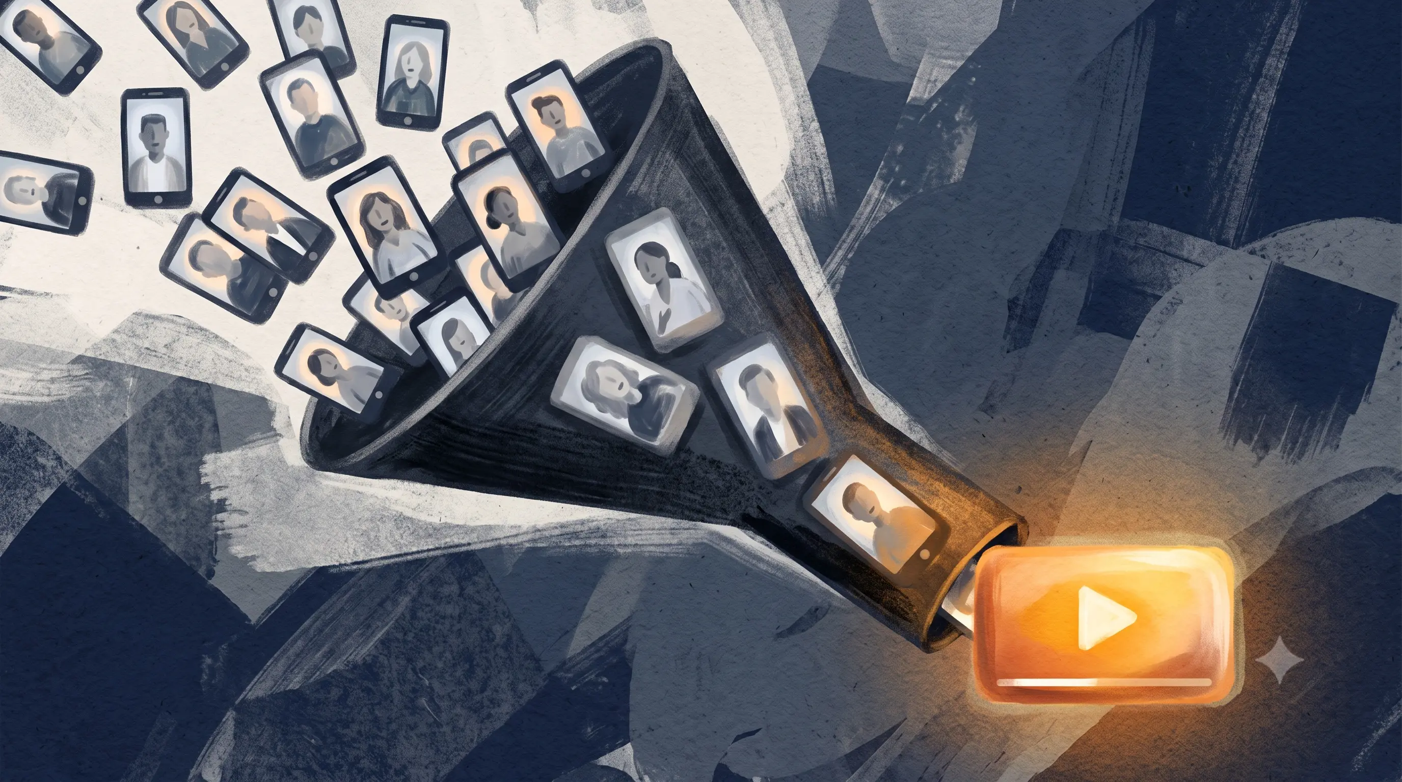 Flat-vector editorial illustration of a funnel with small vertical rectangle icons of blocky talking-head figures pouring in, narrowing to a single glowing long-form video icon at the base