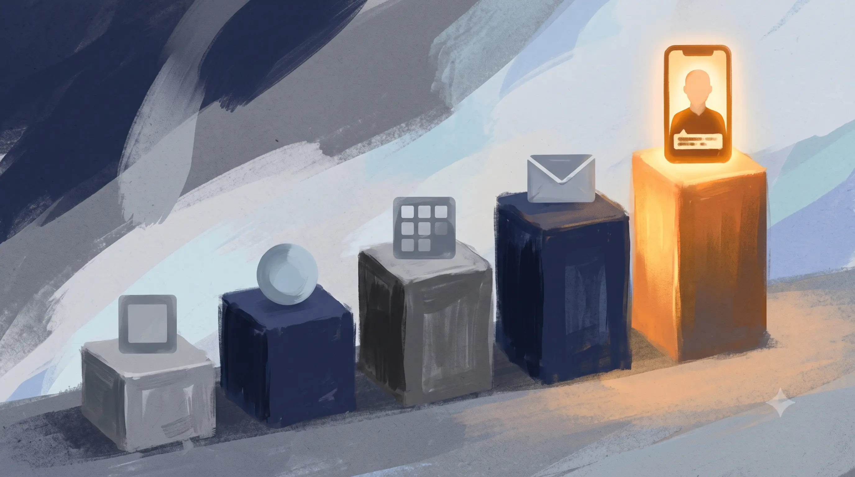 Flat-vector editorial illustration of five ranked podium blocks of different heights, the tallest glowing and holding a phone icon with a blocky talking-head figure and subtitle bar