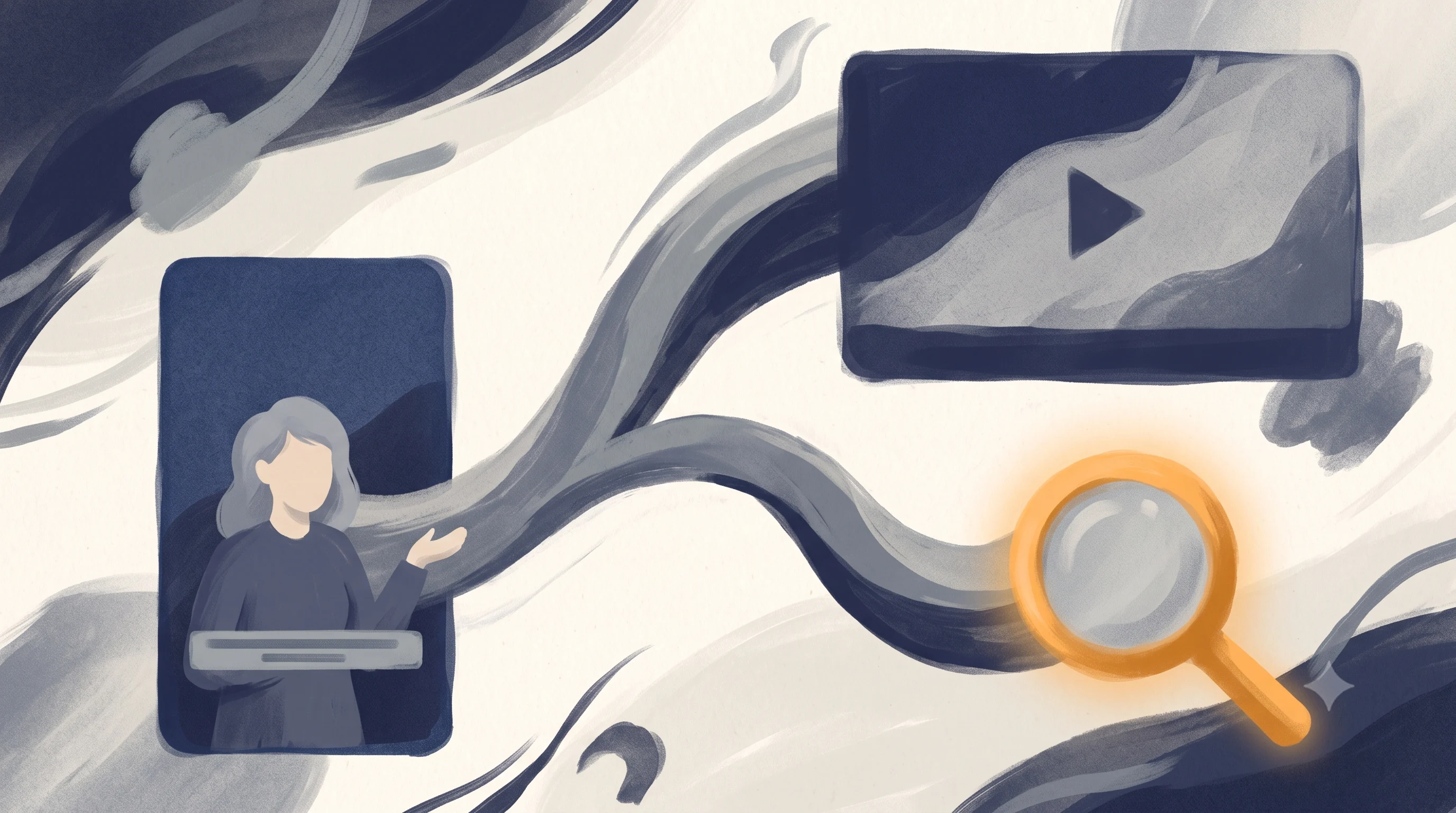 Flat-vector editorial illustration of a YouTube Shorts rectangle with a blocky talking-head figure and subtitle bar splitting into two paths, one into the video frame, one into a search icon