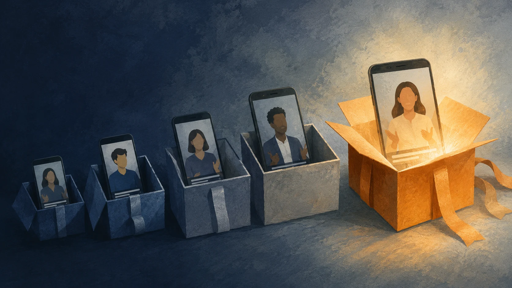 Flat-vector editorial illustration of a row of open gift boxes of varying sizes, each containing a phone icon with a blocky talking-head figure and subtitle bar cut off by different amounts