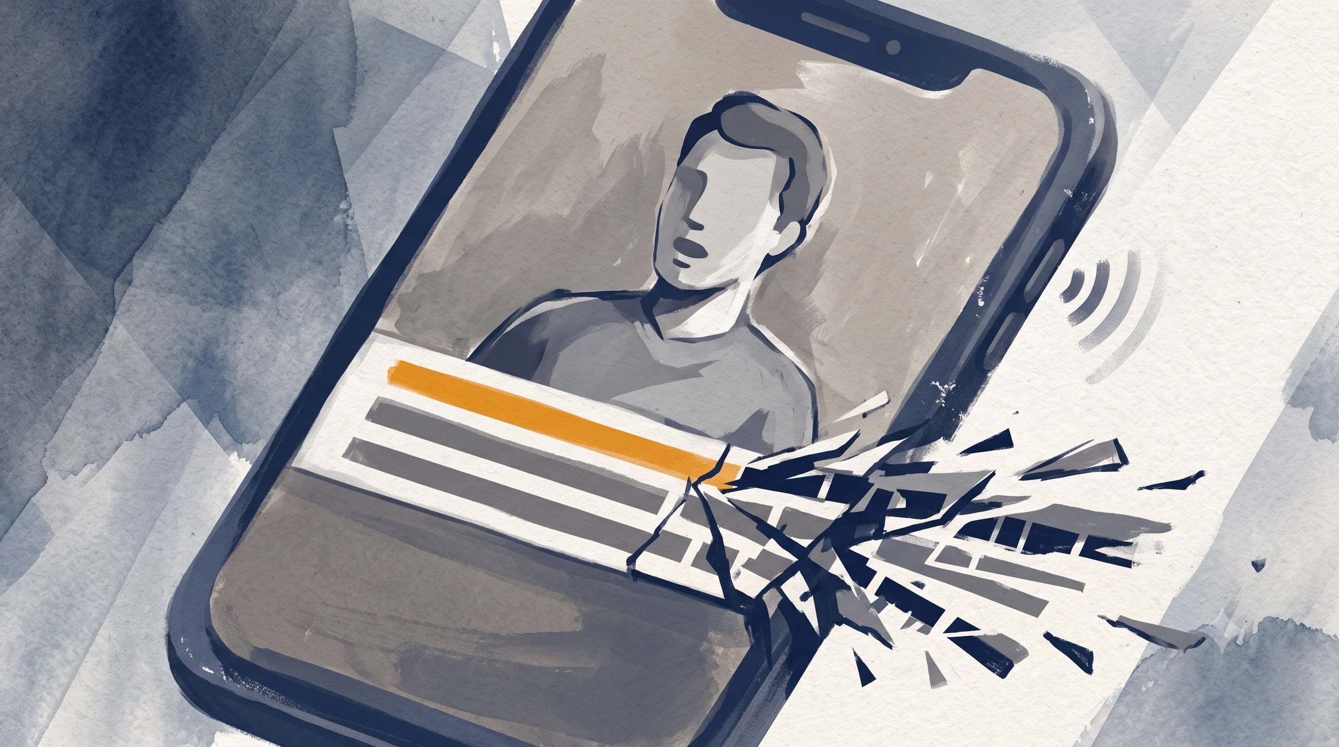 Flat-vector editorial illustration of a phone icon with a blocky talking-head figure whose subtitle bar reads as clean solid bars on one half and breaks into jagged fragments on the other half