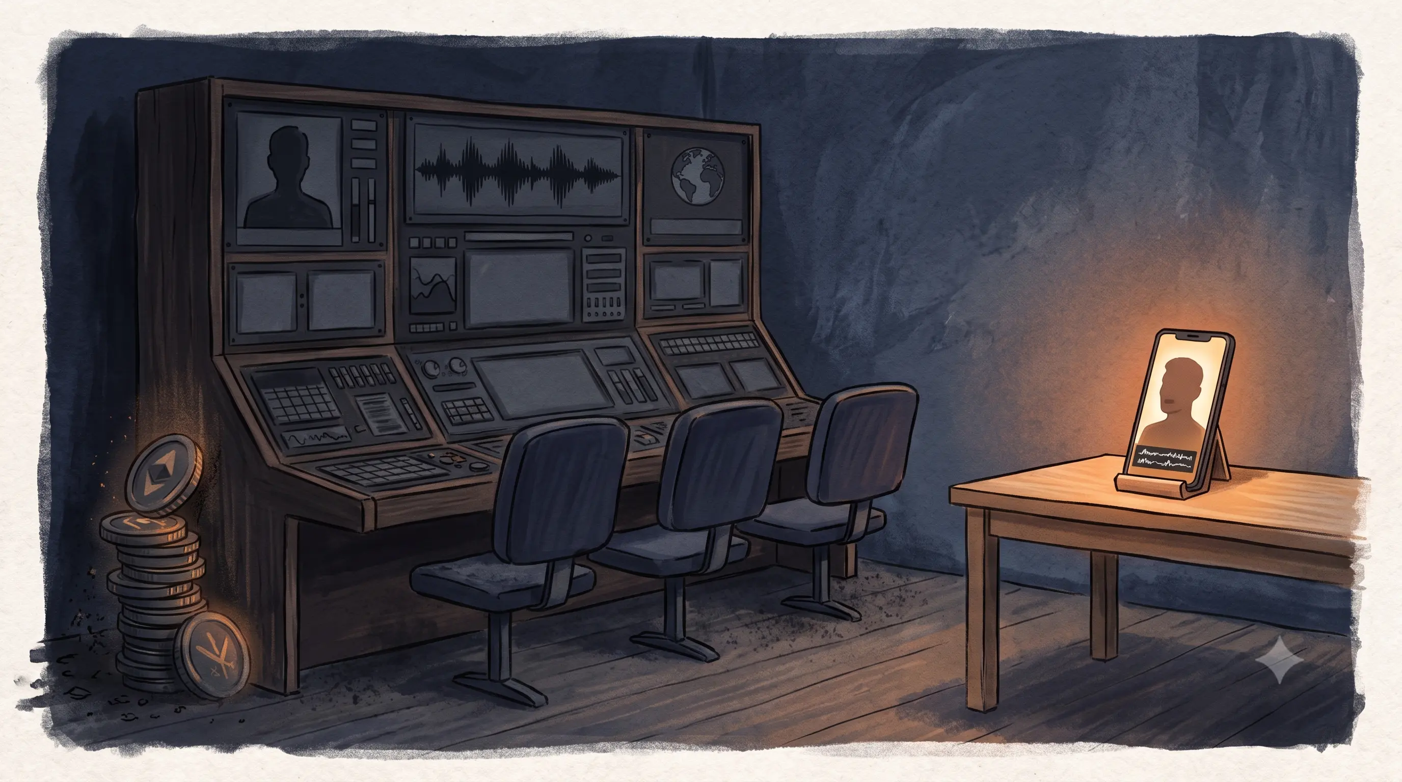 A large cluttered editing suite with unused feature panels, attached seats, and fading credit tokens beside a single focused desk with one phone showing a talking-head and a clean subtitle bar
