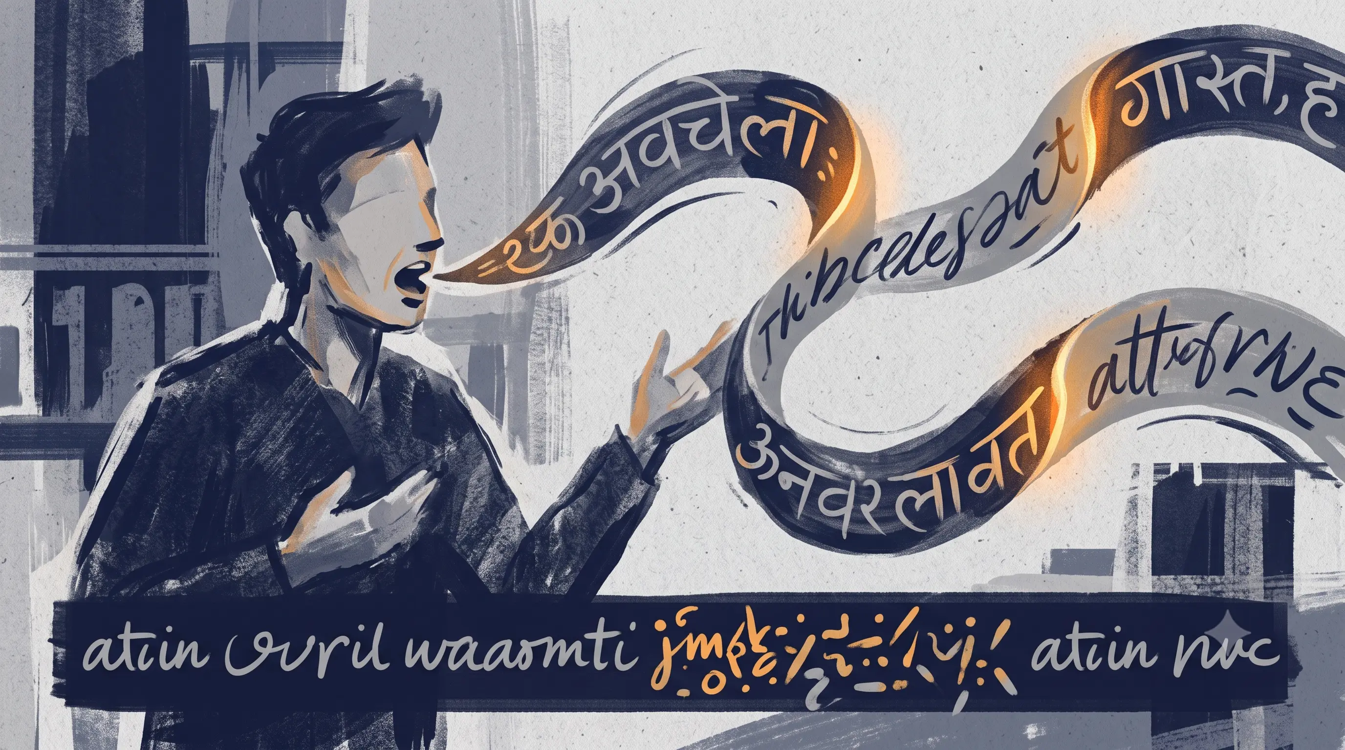 A talking-head figure with a speech ribbon alternating between Devanagari-style and Latin-style script textures, the subtitle bar below fracturing exactly at each script switch point