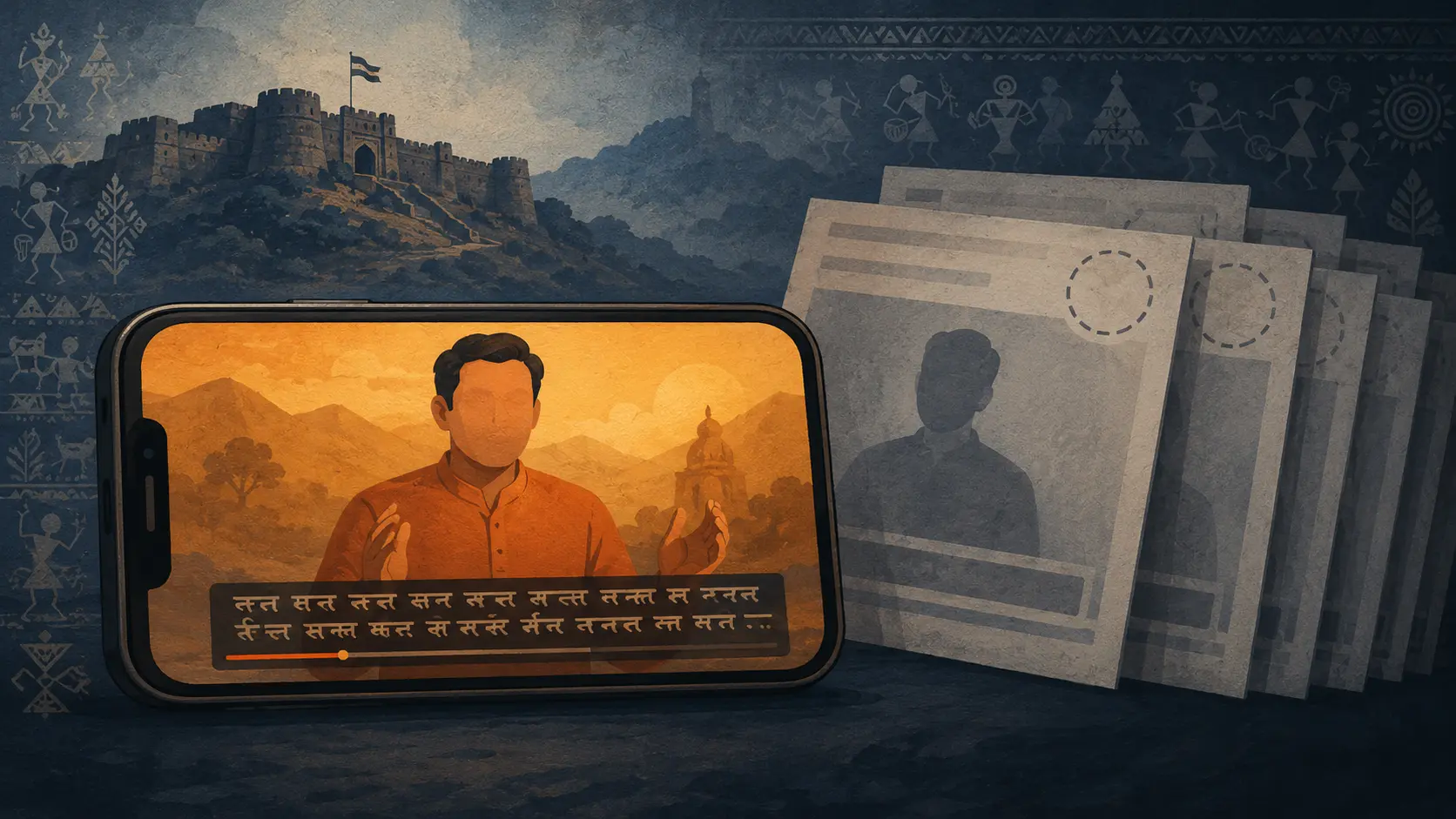 A talking-head figure on a phone with a Devanagari-style subtitle bar against a Maharashtra backdrop of a Deccan fort silhouette and Warli motifs, beside a stack of identical generic template pages