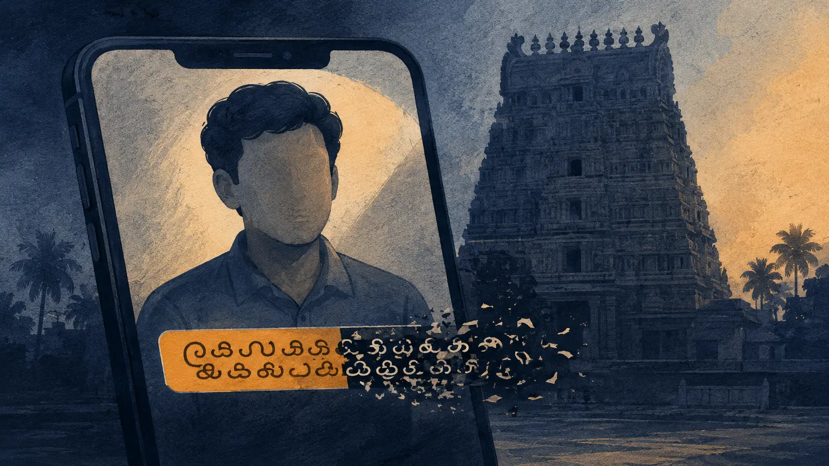 A talking-head figure on a phone with a Tamil-style subtitle bar rendering clean on one half and misaligned on the other, a temple gopuram silhouette in the background