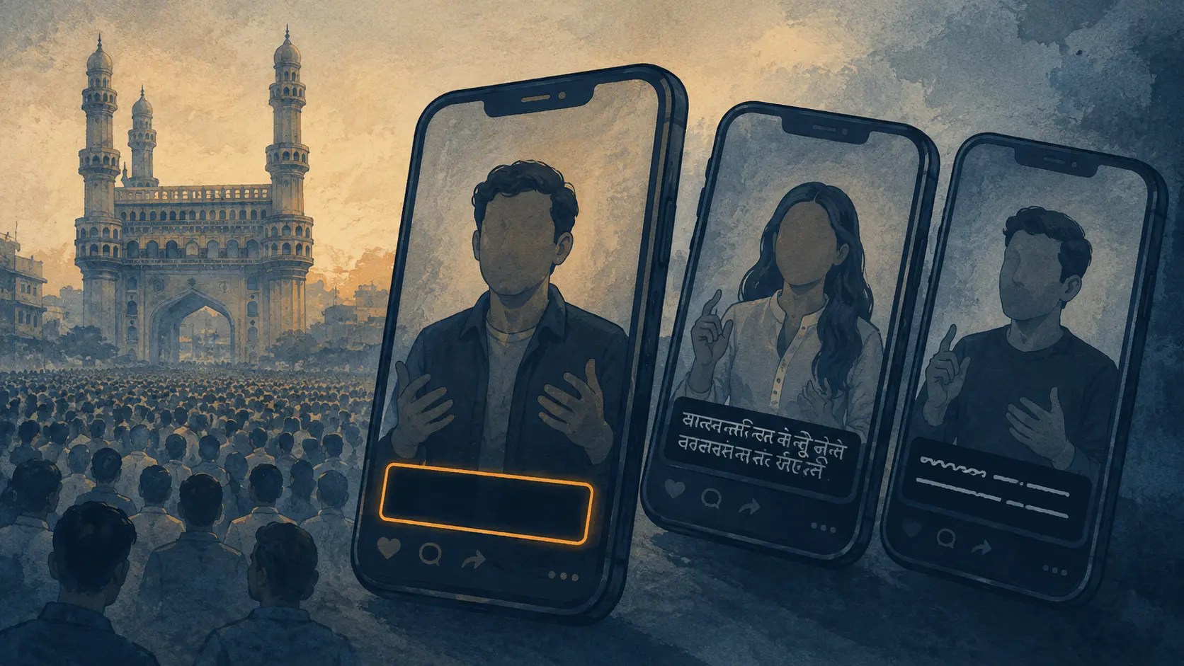 A talking-head figure on a phone with a completely empty subtitle bar beside phones with filled bars, a Charminar silhouette and dense crowd texture in the background