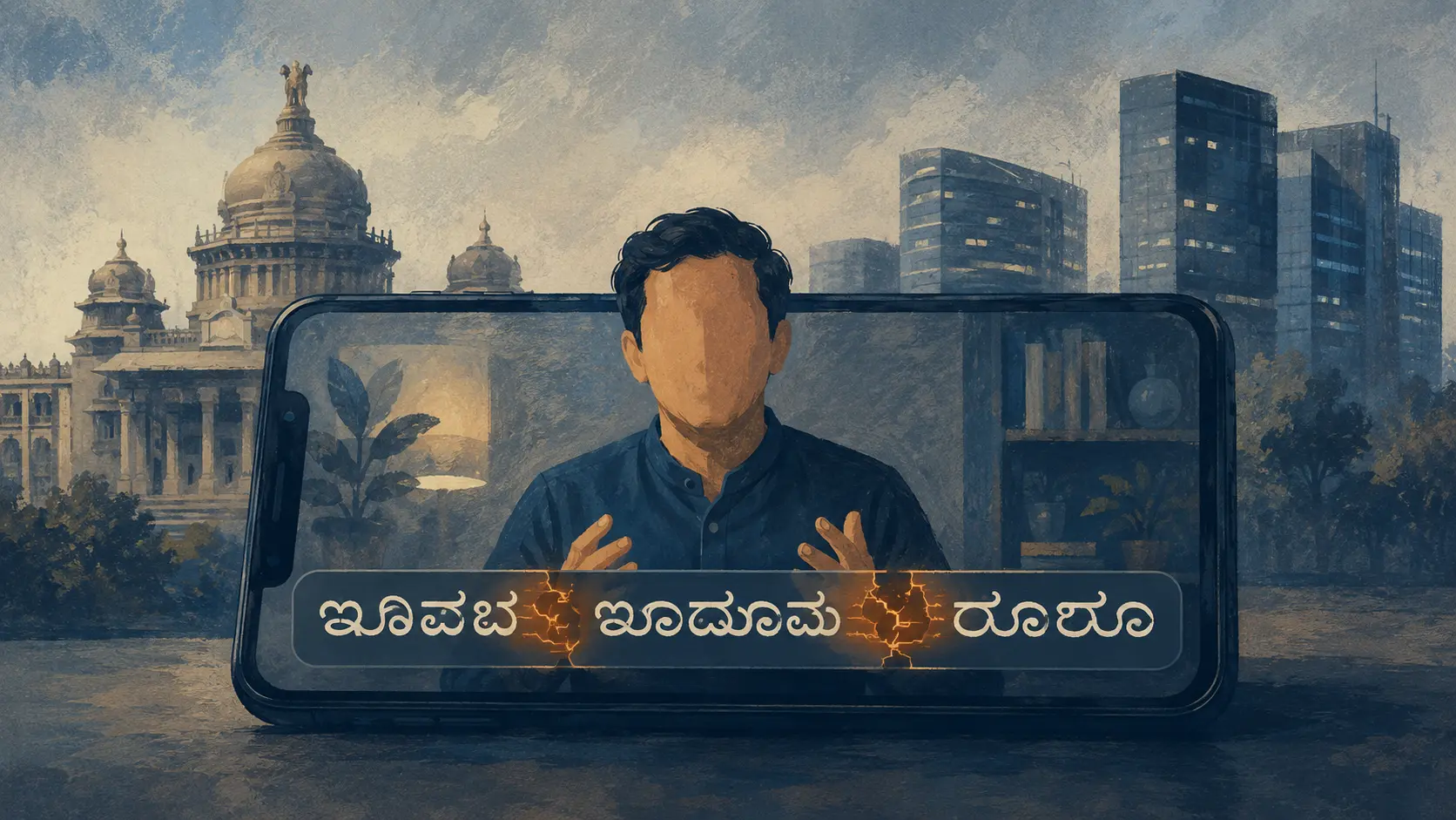 A talking-head figure on a phone against a Bangalore skyline with the Vidhana Soudha dome, the Kannada-style subtitle bar breaking into gaps where circuit-like tech vocabulary fragments interrupt