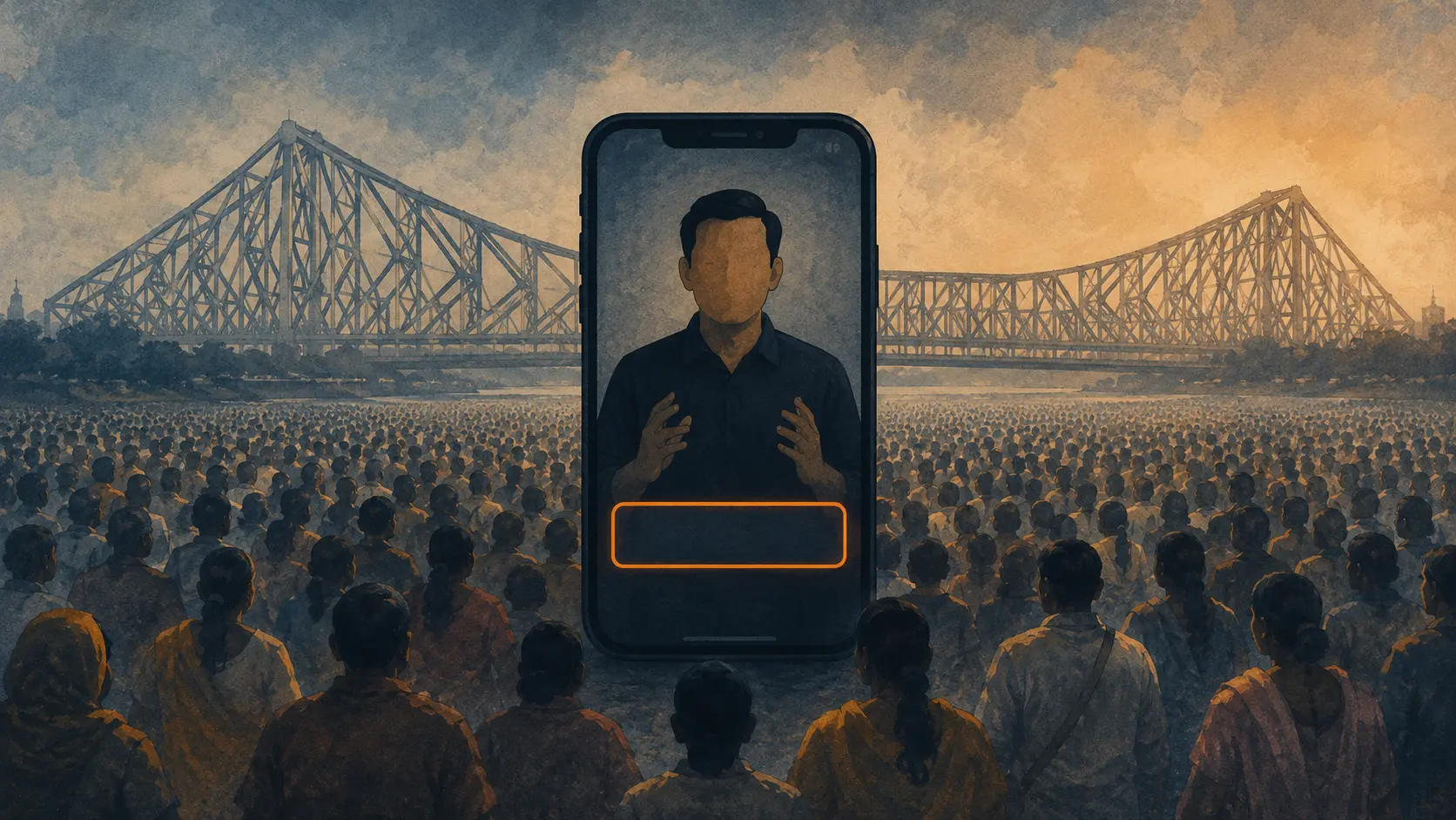 A talking-head figure on a phone with a hollow empty subtitle bar against a Howrah Bridge silhouette and a vast crowd texture suggesting hundreds of millions of speakers