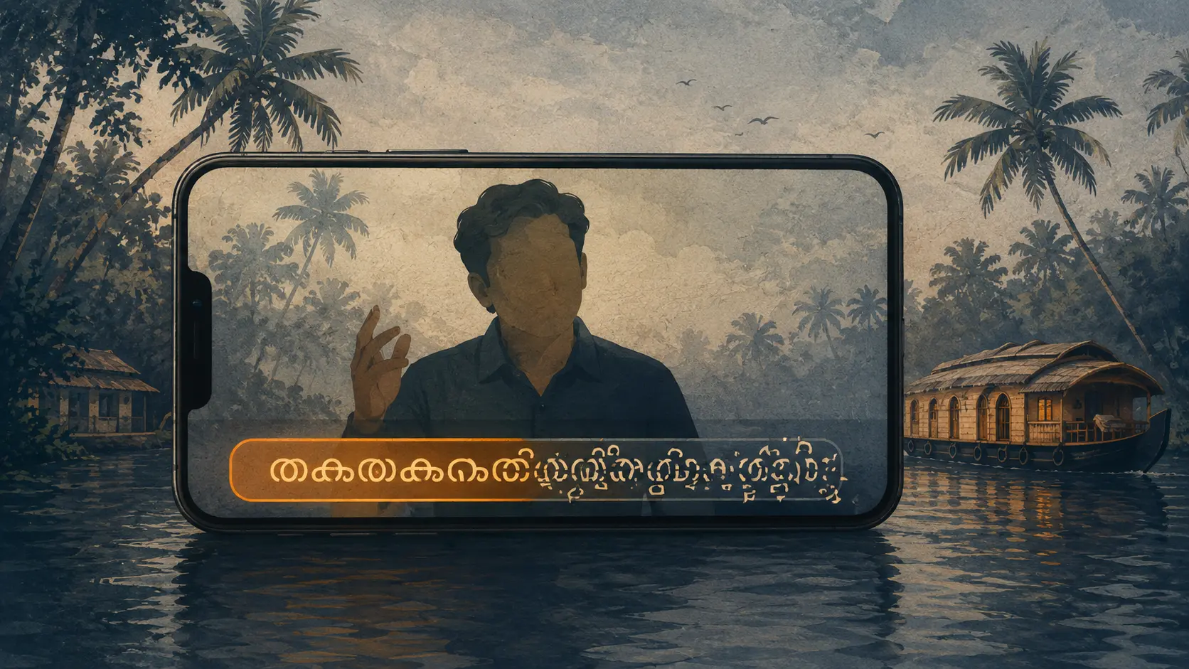 A talking-head figure on a phone with a Malayalam-style subtitle bar rendering cleanly on one side and splitting into overlapping fragments on the other, Kerala backwaters and palms behind