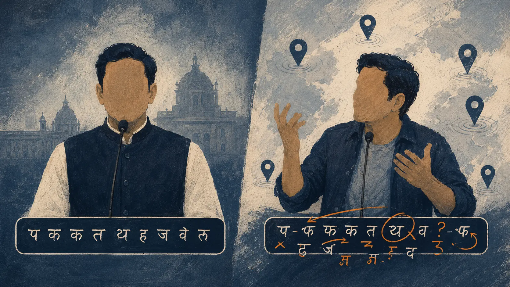 A talking-head figure shown twice, formal delivery with a clean Devanagari-style subtitle bar, then casual animated delivery with the same bar scattered with correction marks, map pins hinting at regional accents