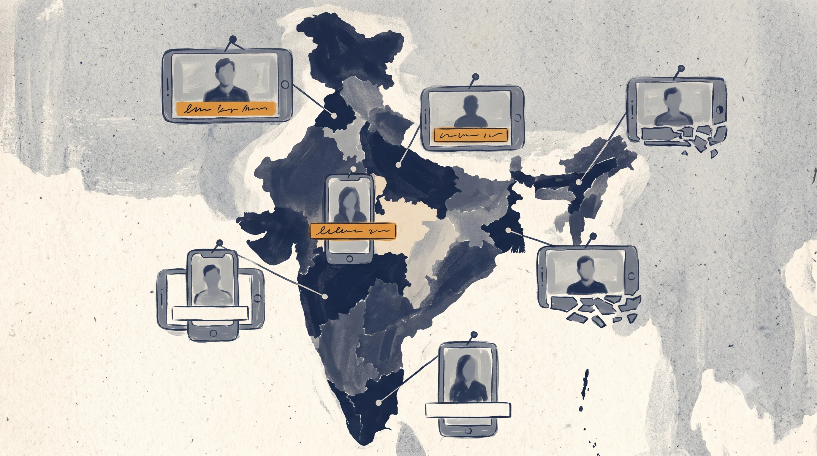 A map of India with phone screens pinned to different regions, each showing a talking-head and a subtitle bar in a different state, filled, empty, or fragmenting