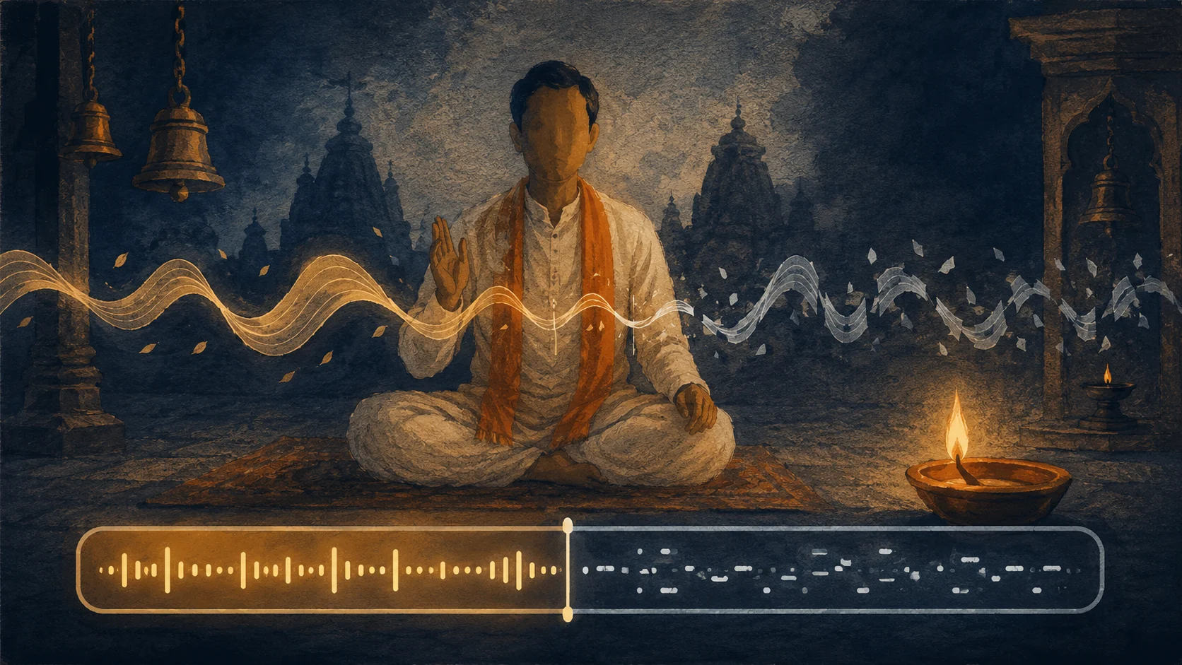 A seated figure mid-chant with rhythmic wave-like sound ribbons flowing outward, the subtitle bar below rendering transliteration cleanly on one side and collapsing into garbled fragments exactly where the rhythmic ribbons peak