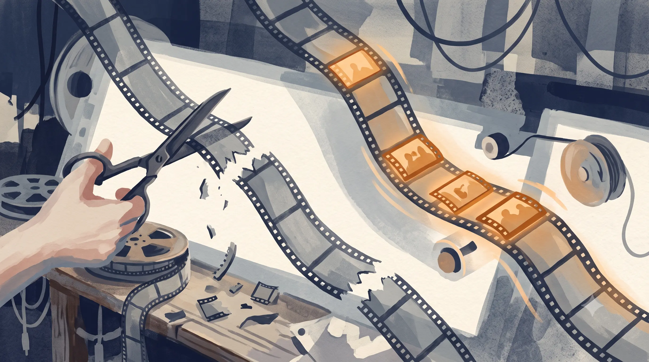 A pair of scissors manually cutting and splicing a filmstrip at several points while a second filmstrip assembles itself automatically with clips sliding into place