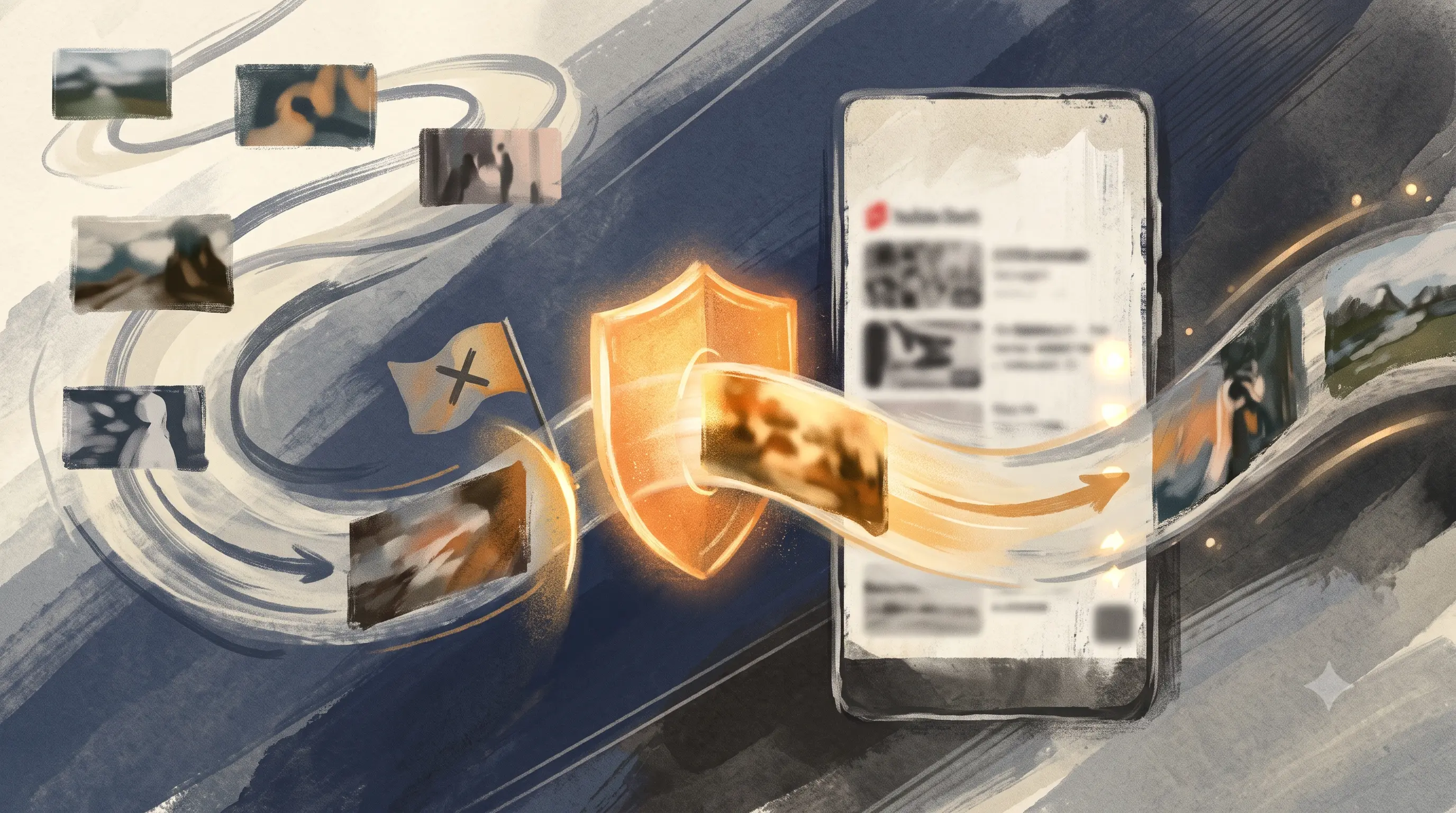 A vertical YouTube Short with b-roll clips flowing into it, one clip passing cleanly through a shield-shaped licensing checkpoint and another triggering a small warning flag