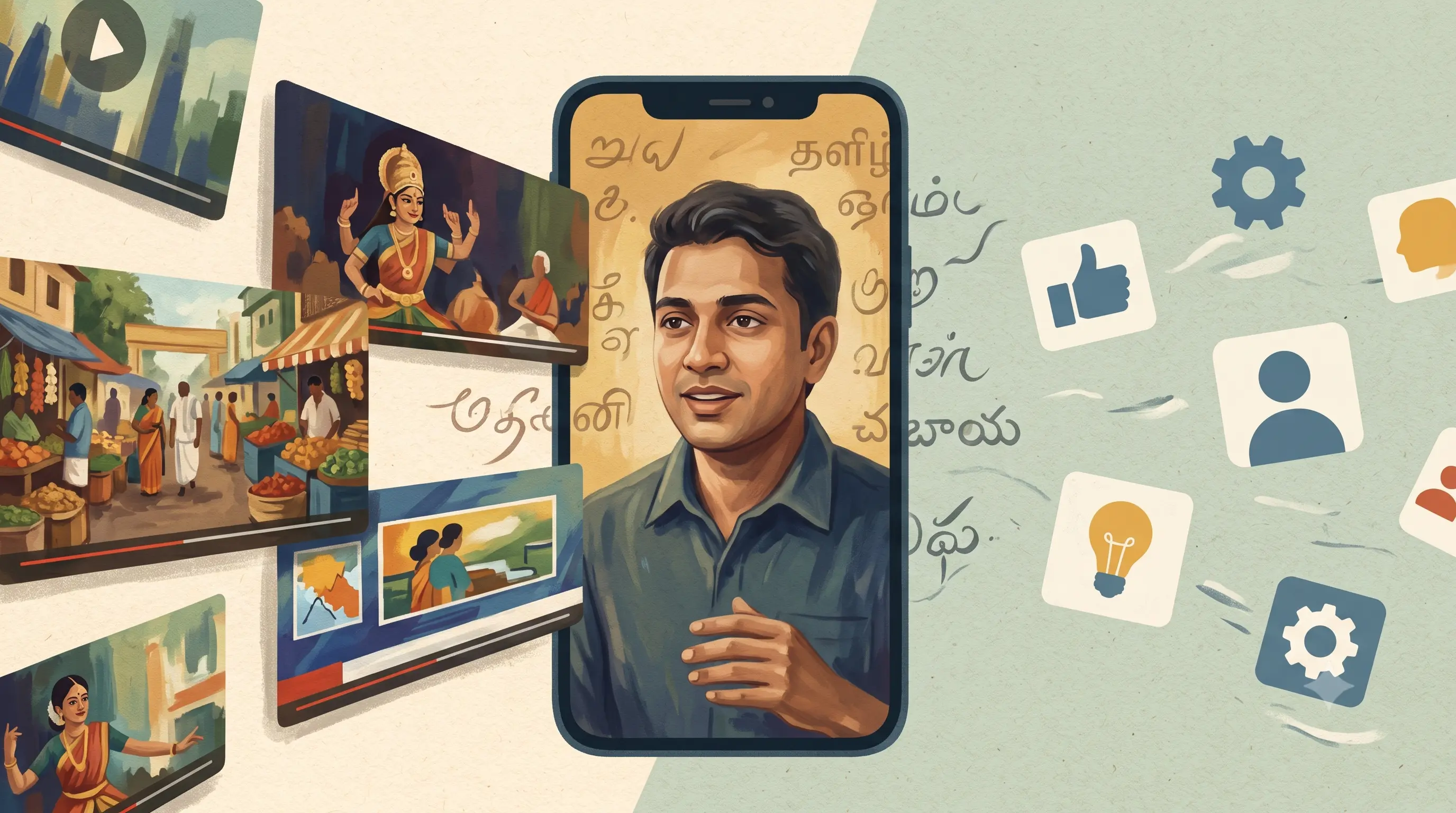 A talking-head figure on a phone with Tamil and Telugu style script marks, footage clips matching closer to context on one side and generic stock defaulting on the other
