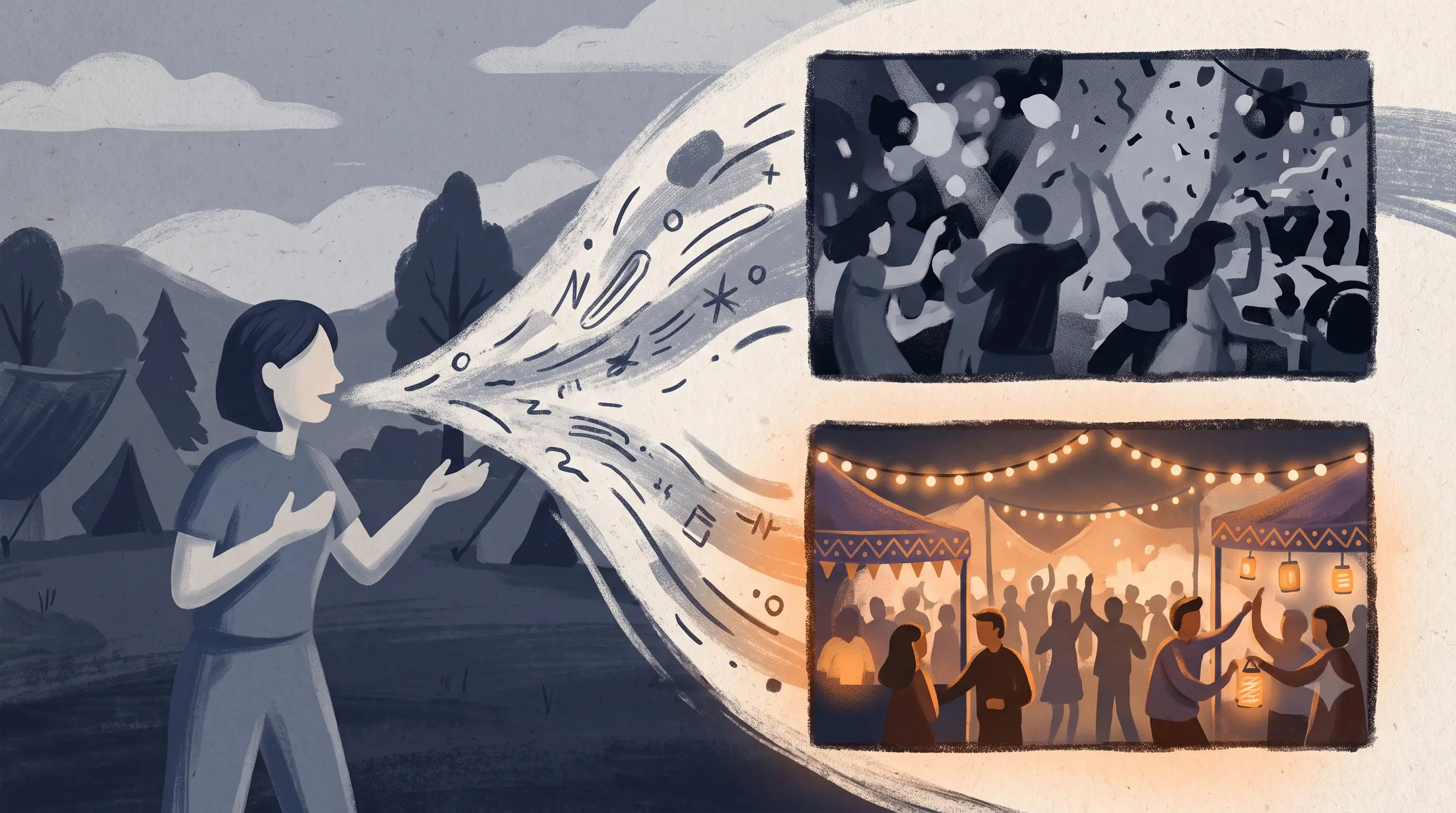 A festival scene described in a talking-head script, with one matched b-roll clip showing generic Western party imagery and another showing culturally specific festival markers