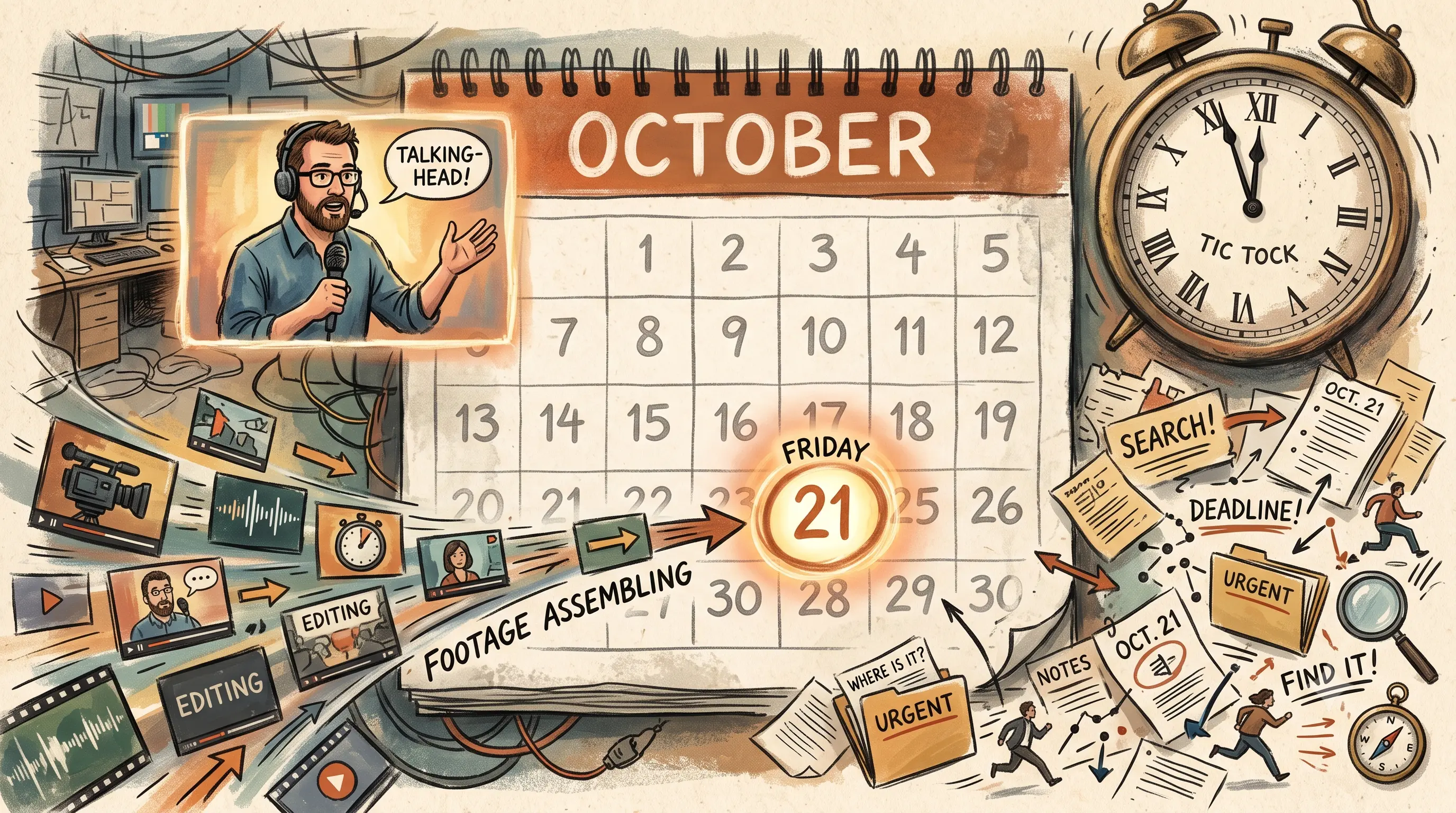 A calendar page marking a festival date with a talking-head figure and matched b-roll clips assembling quickly on one side, versus a clock ticking down on a manual search on the other