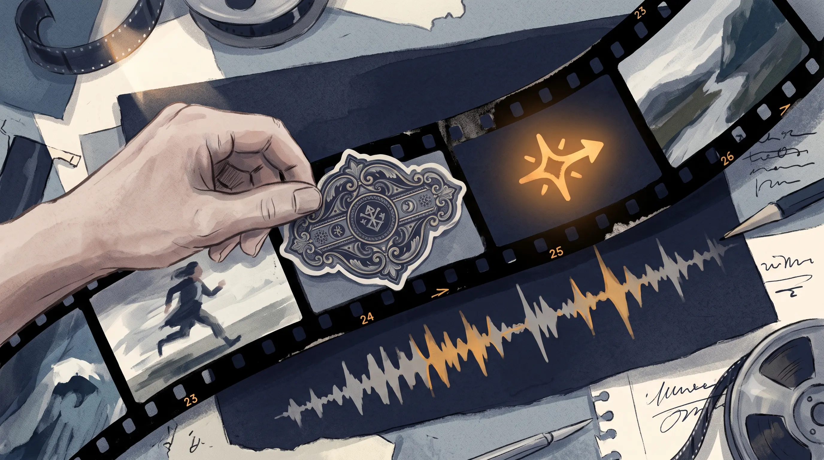 A hand manually placing a custom-generated sticker onto a filmstrip frame by frame, beside a second sticker glowing and attaching itself automatically in sync with a speech waveform