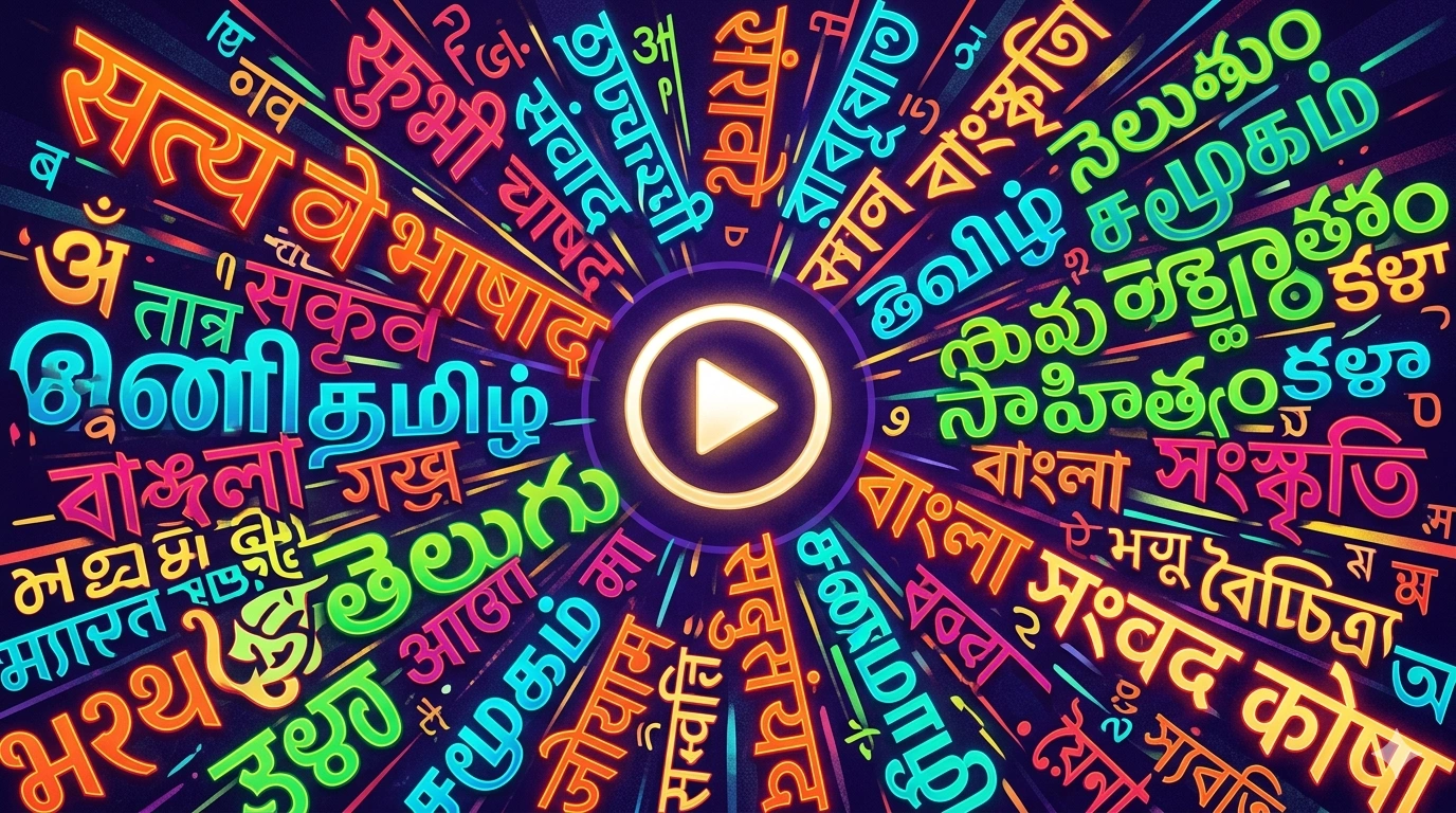 Stylised graphic illustration of multiple Indian language script systems — Devanagari, Tamil, Telugu, Bengali — arranged as glowing text blocks on a deep indigo background, suggesting a multilingual subtitle pipeline.
