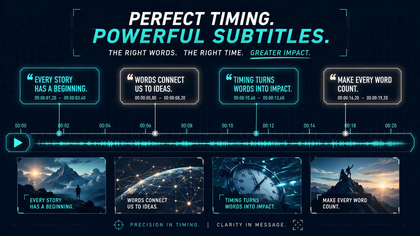 Stylised illustration of a video timeline with timed subtitle text blocks appearing beneath it, representing the subtitling production process.
