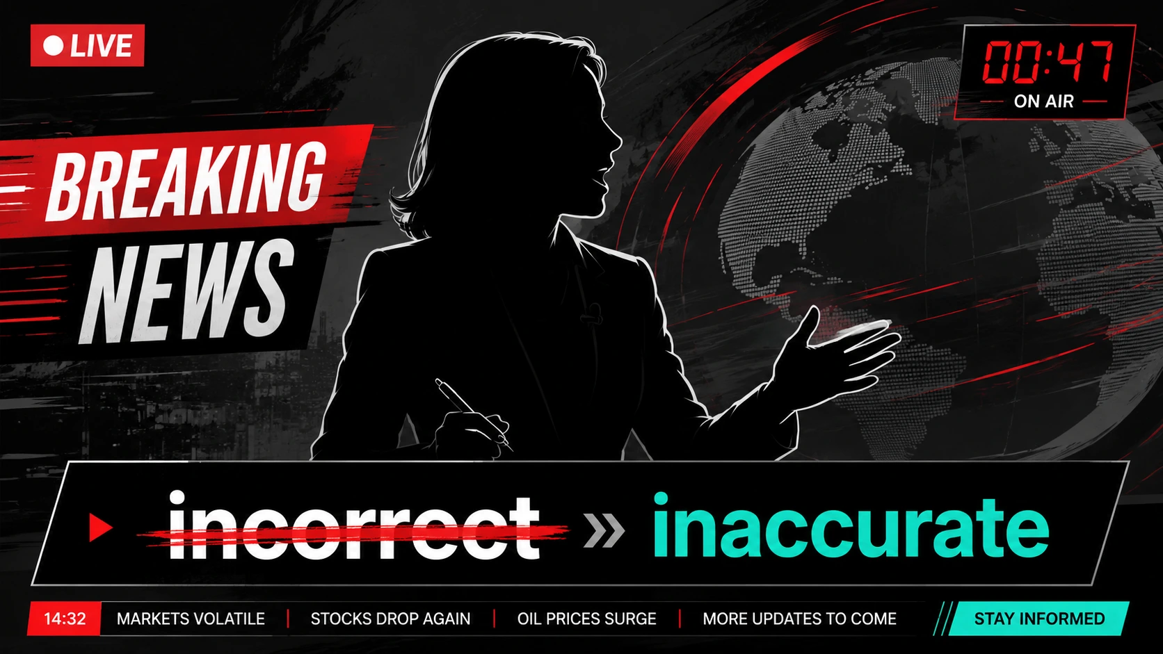 Stylised editorial illustration of a live news broadcast frame with a subtitle bar showing a proper noun being corrected in real time.
