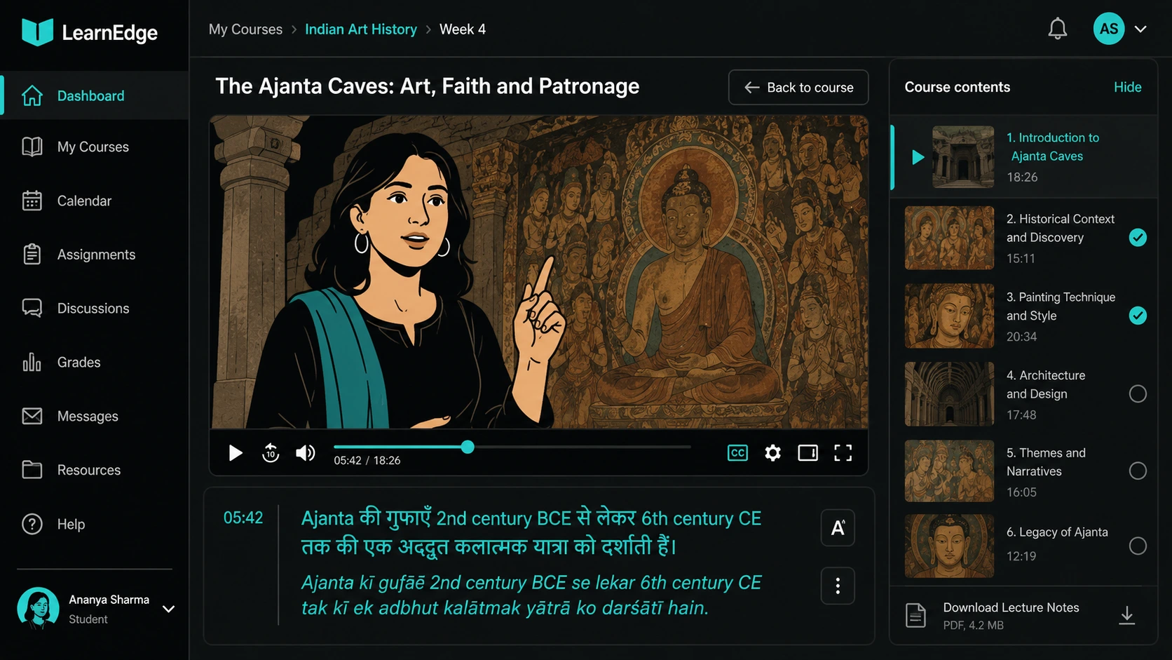 Stylised editorial illustration of a course video window open inside an LMS interface, with a subtitle track displayed below and Indian language script glyphs visible in the subtitle bar.