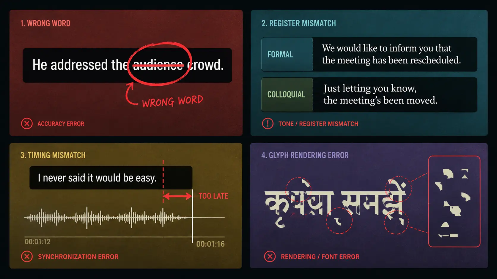 Stylised editorial illustration of four subtitle frames arranged in a 2x2 grid, each showing a different failure mode — a red strikethrough on wrong text, a register mismatch indicator, a timing arrow misaligned with a waveform, and a broken Devanagari glyph — representing the four categories of Indic subtitle quality failure.