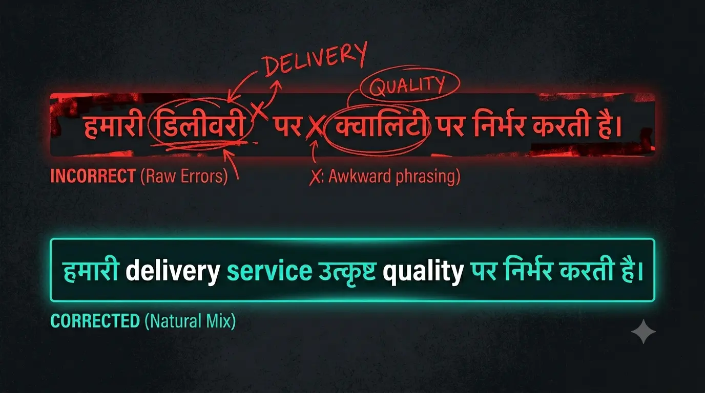 Stylised editorial illustration of a subtitle bar showing a Hinglish sentence where English words are incorrectly rendered in Devanagari script with red correction marks, beside the correct version with Roman English and Devanagari Hindi naturally mixed — representing the code-switching failure and correct output.