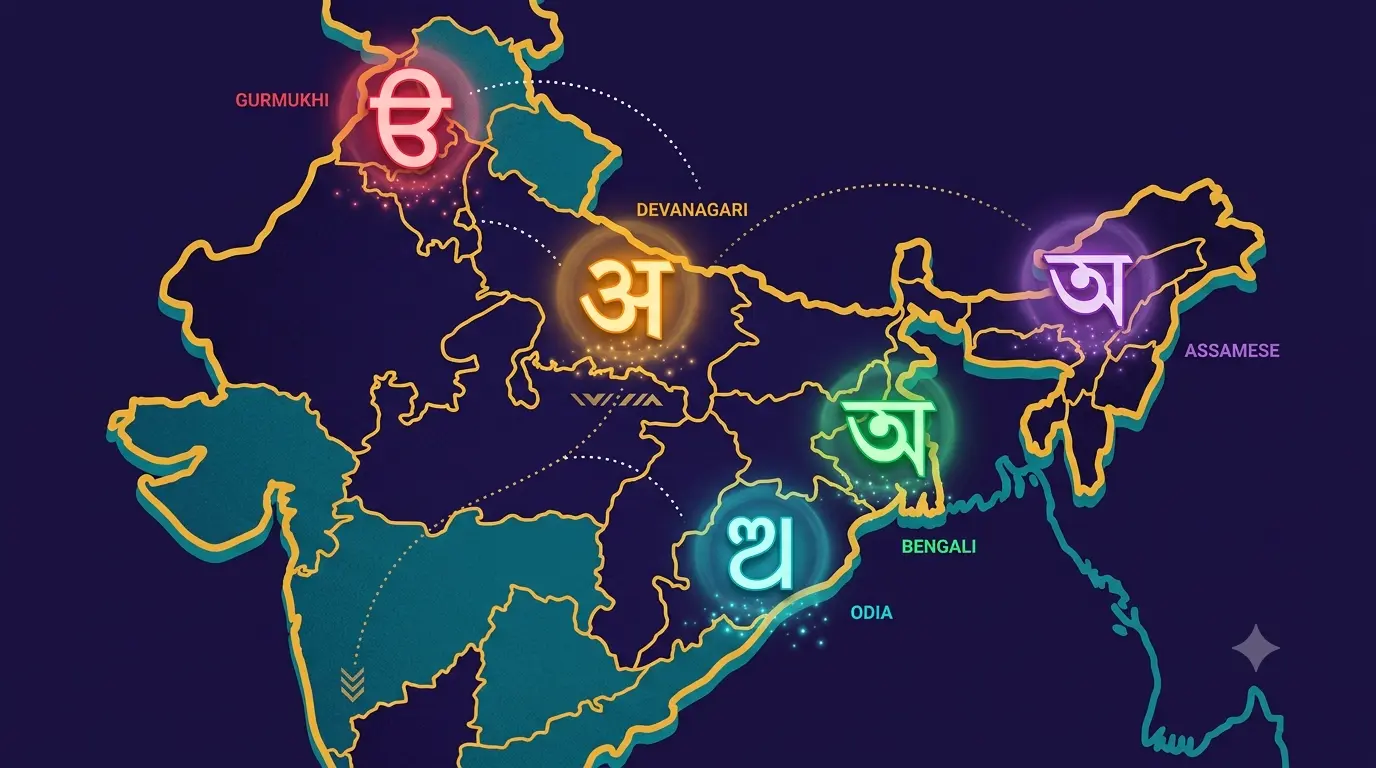 Stylised editorial illustration of a map of India with regional language script glyphs glowing in distinct vivid colours over their respective geographies — Gurmukhi over Punjab, Devanagari-Bhojpuri over Bihar, Bengali script over West Bengal — representing the underserved regional language subtitle opportunity.