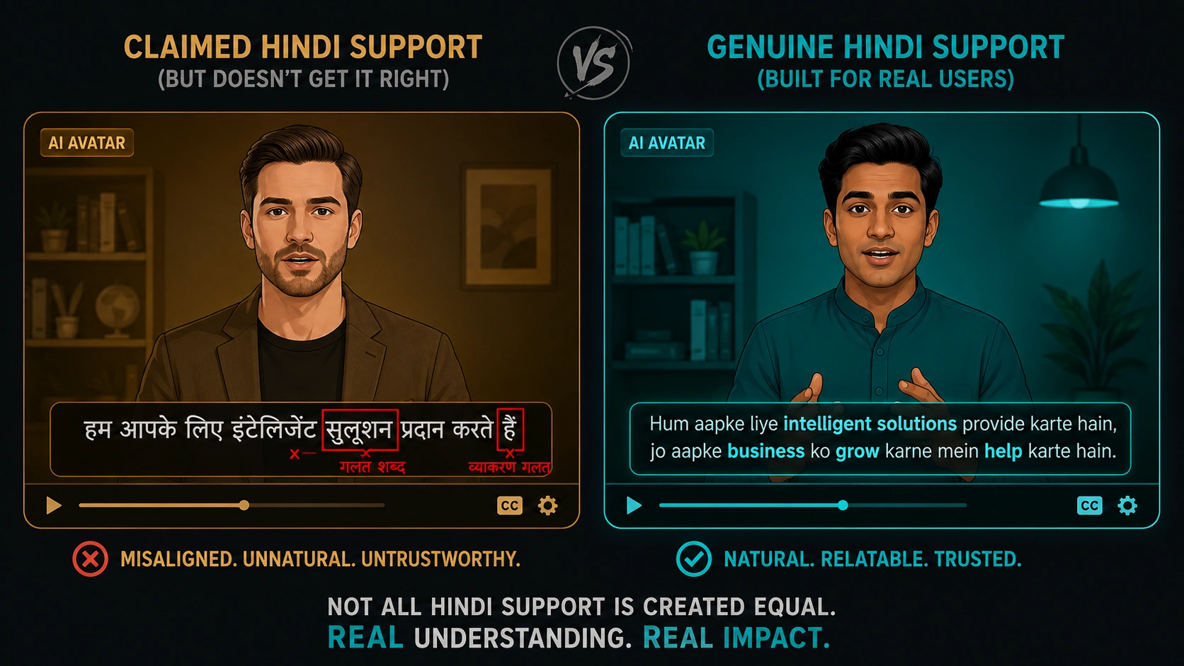 Stylised editorial illustration of two side-by-side AI avatar video frames — one showing a Western-presenting avatar with misaligned Devanagari subtitle text representing claimed Hindi support, and one showing an Indian-presenting avatar with correctly rendered mixed-script Hinglish subtitle representing genuine Hindi support.