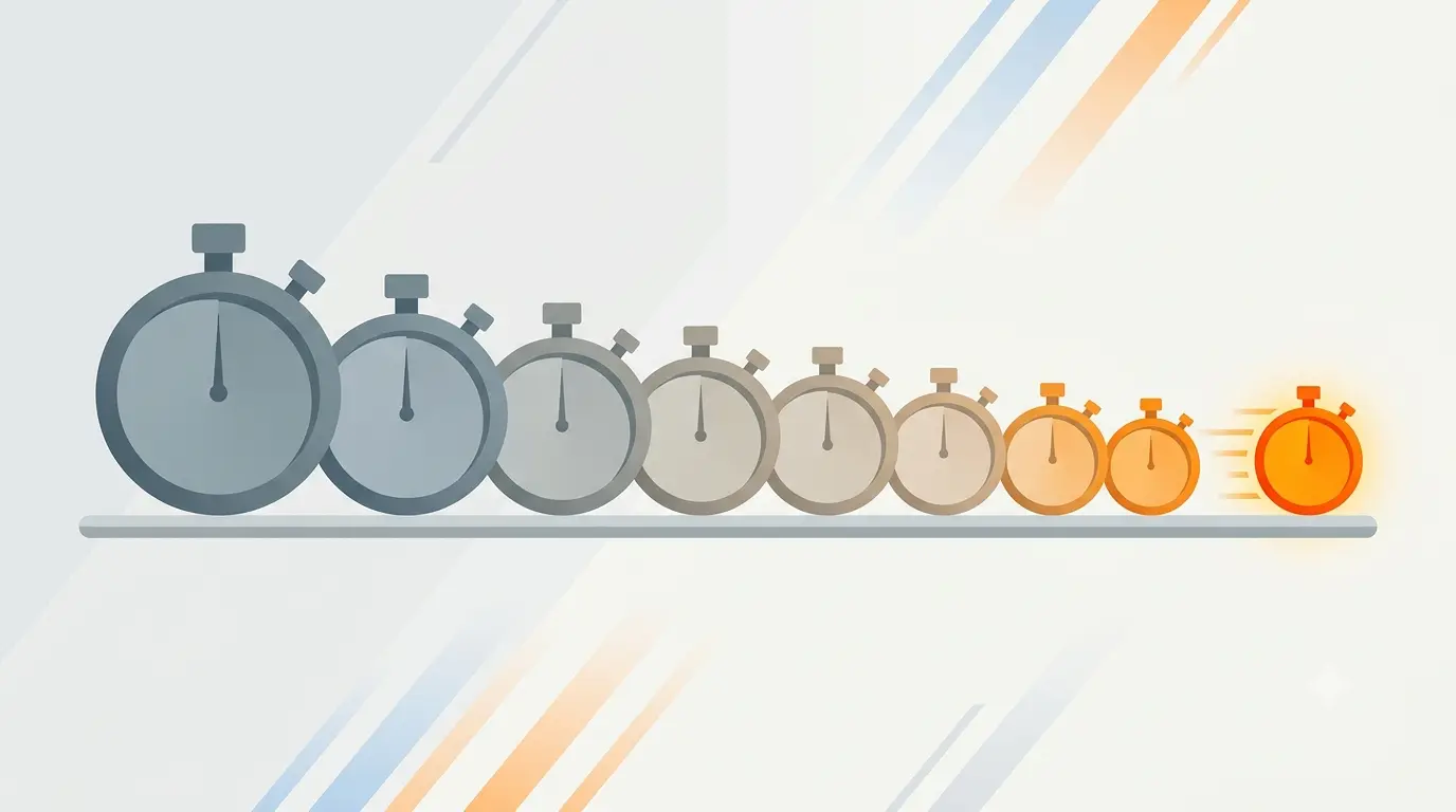 Editorial illustration of ten stopwatches of shrinking sizes arranged in a row, the smallest glowing, representing subtitle turnaround times falling from days to hours
