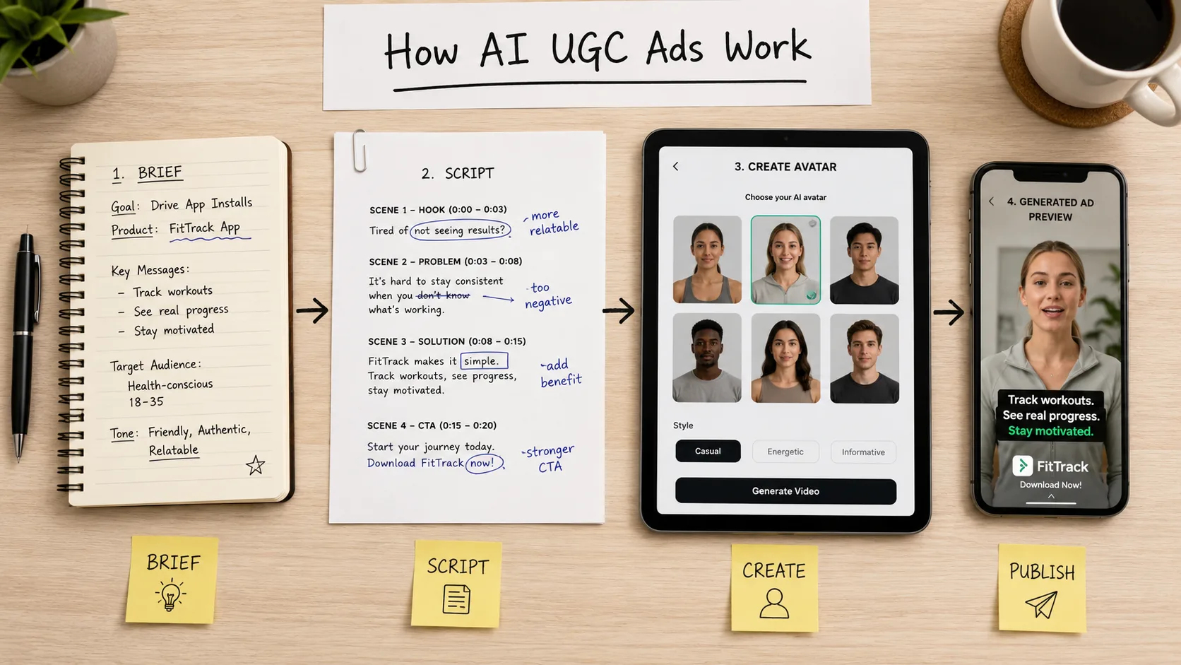 Overhead view of a brief, script, character selection screen, and finished video preview arranged in a production sequence.