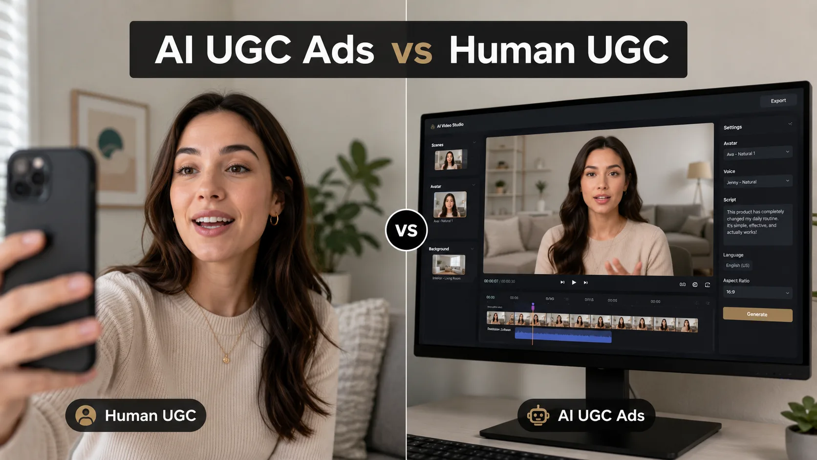 Side-by-side comparison of a person filming a testimonial video and an AI avatar being rendered on screen.